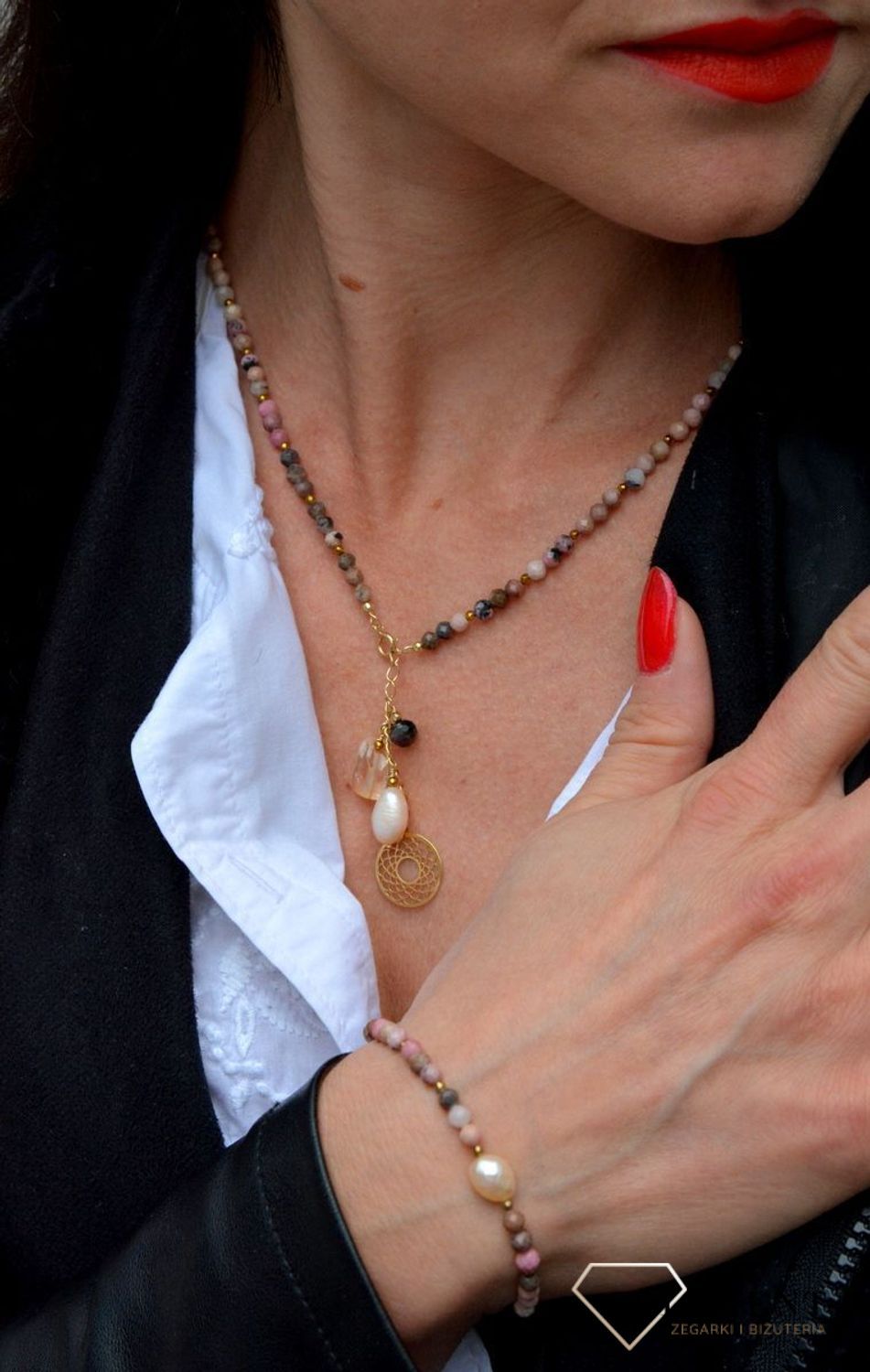 Naszyjnik damski z kamieniami naturalnymi rodonit, cytryn i perła DIA-NSZ-4046-925.jpg