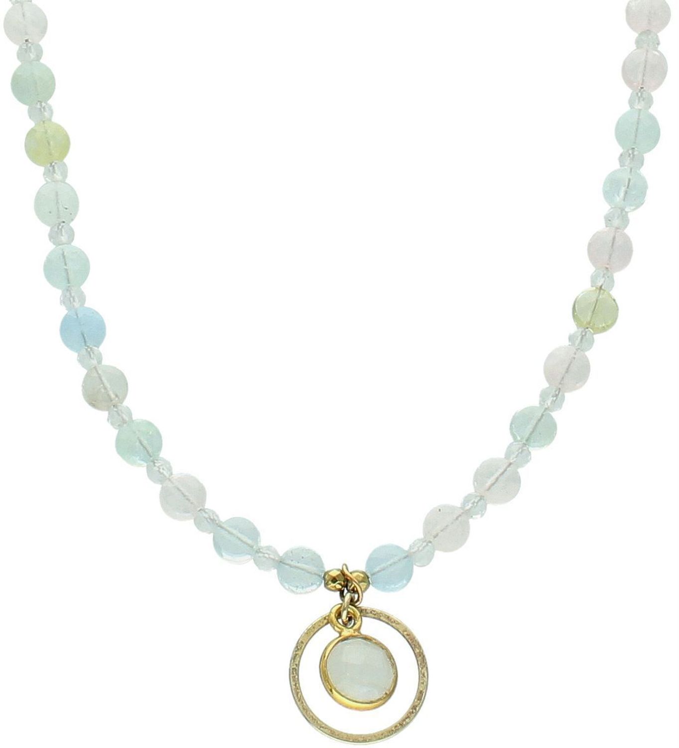 Naszyjnik srebrny pozłacany próby 925 z morganitem, kamieniem księżycowym i cyrkonią. Długość 42 + 3 cm, waga 4,40 g. Stylowy i kobiecy dodatek z naturalnymi kamieniami.1.jpg