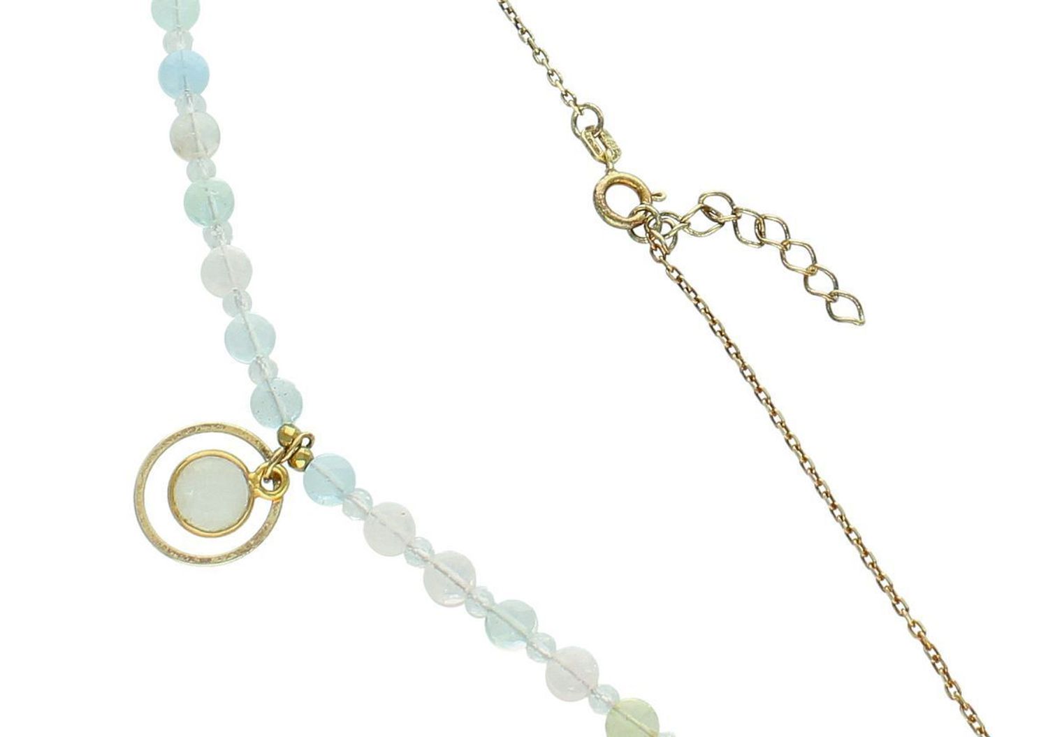 Naszyjnik srebrny pozłacany próby 925 z morganitem, kamieniem księżycowym i cyrkonią. Długość 42 + 3 cm, waga 4,40 g. Stylowy i kobiecy dodatek z naturalnymi kamieniami.1.jpg