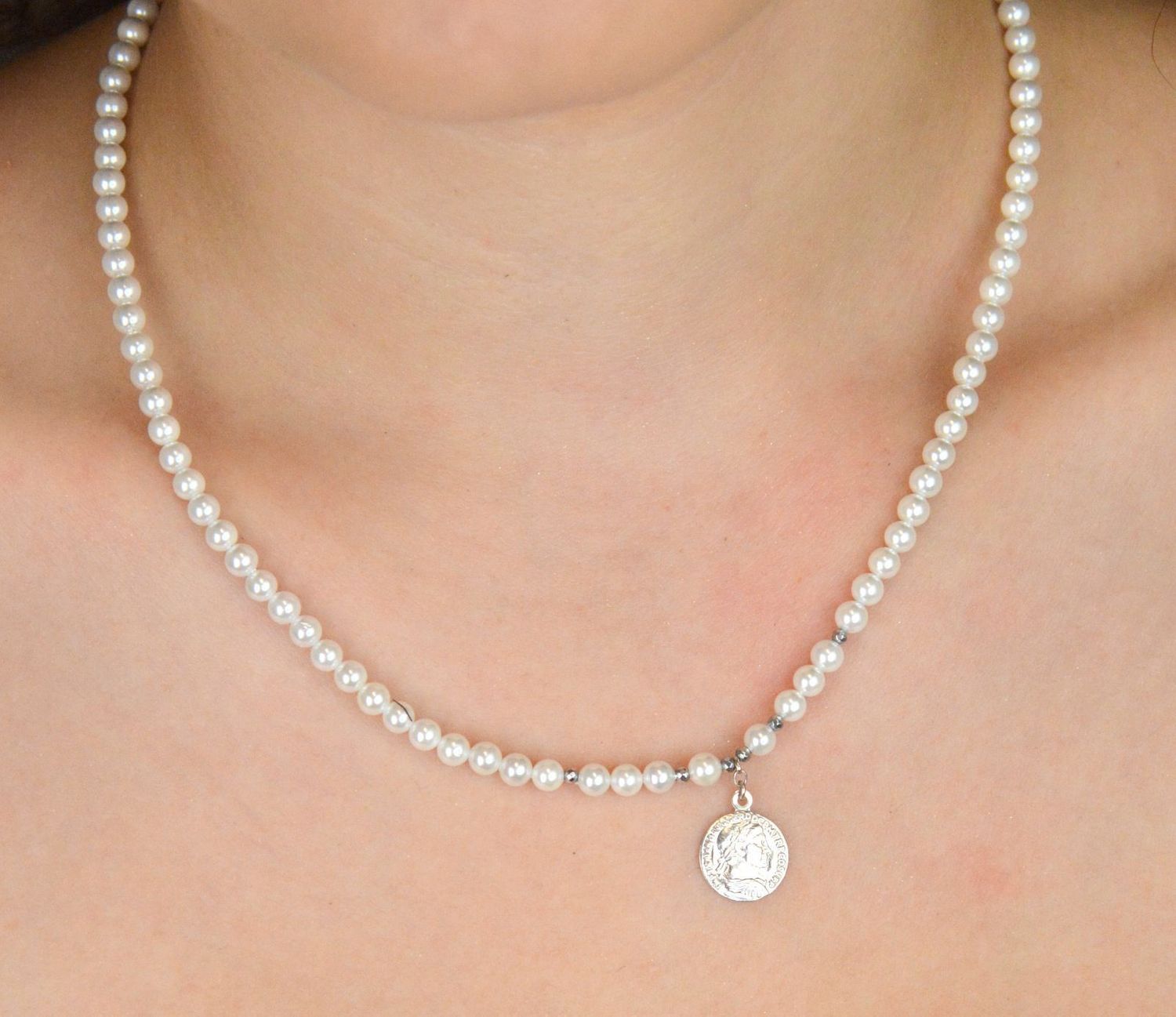 Naszyjnik Damski Perły Majorki i Hematyt – Srebro 925, Monetka, 42+3 cm (2).jpg