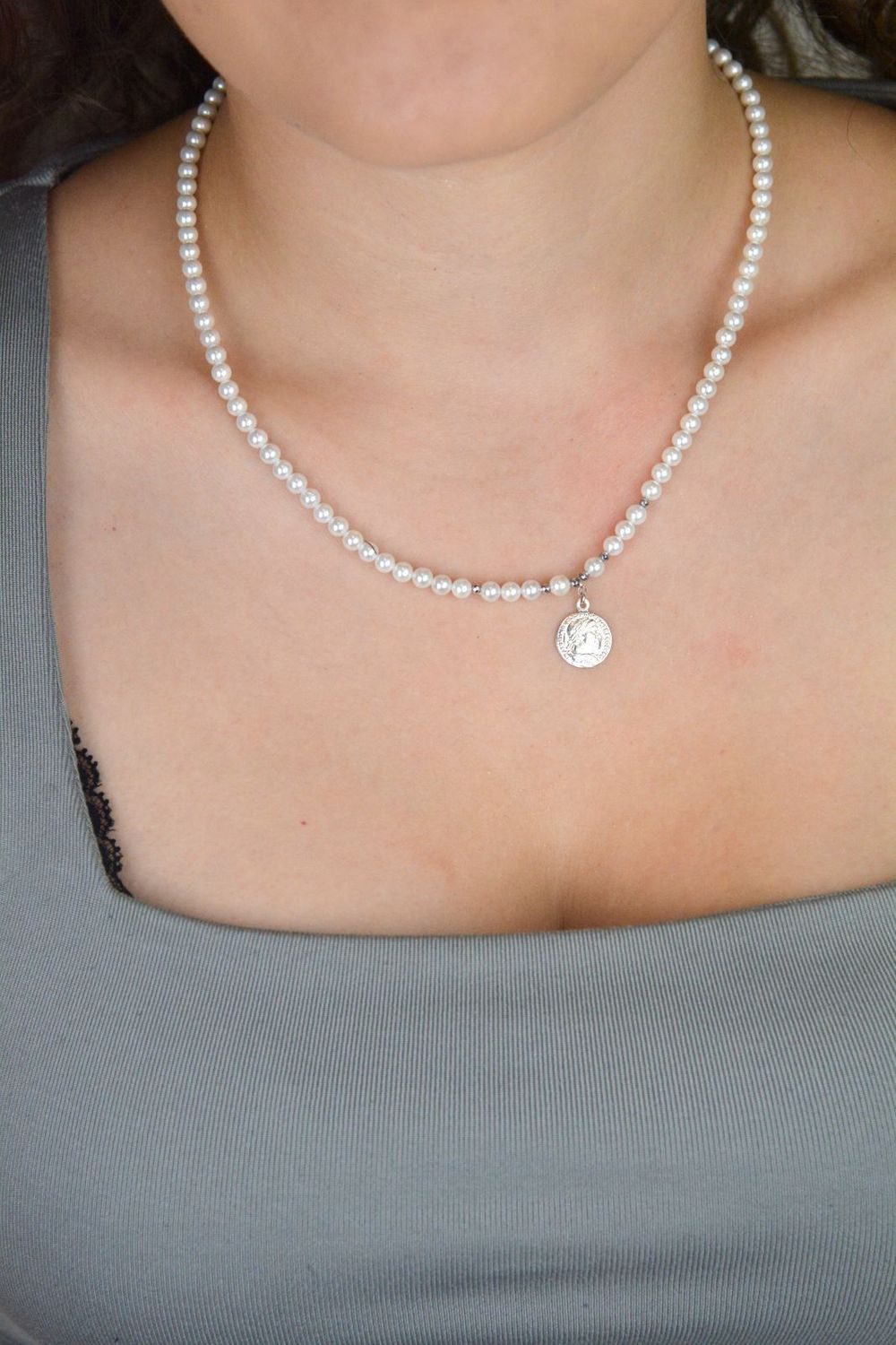 Naszyjnik Damski Perły Majorki i Hematyt – Srebro 925, Monetka, 42+3 cm (2).jpg