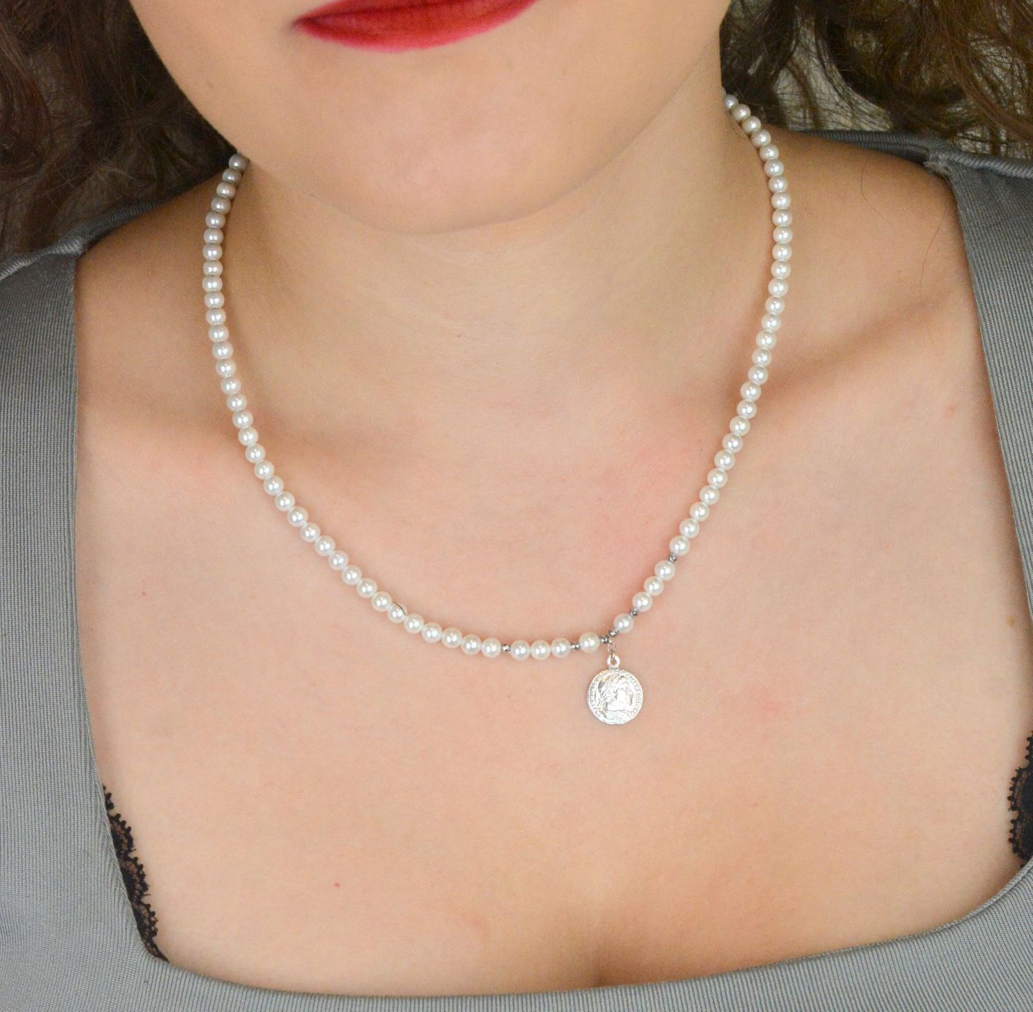 Naszyjnik Damski Perły Majorki i Hematyt – Srebro 925, Monetka, 42+3 cm (2).jpg