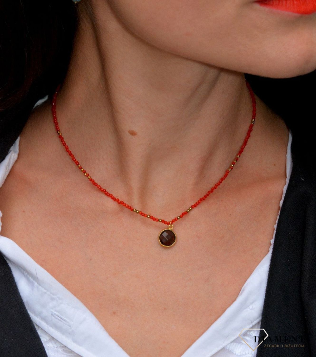 Naszyjnik z kamieni czerwone kocie oko i kwarc DIA-NSZ-4069-925. Czerwony dodatek do sukienki. Zapraszamy do www.zegarki-diament.pl !!!.jpg