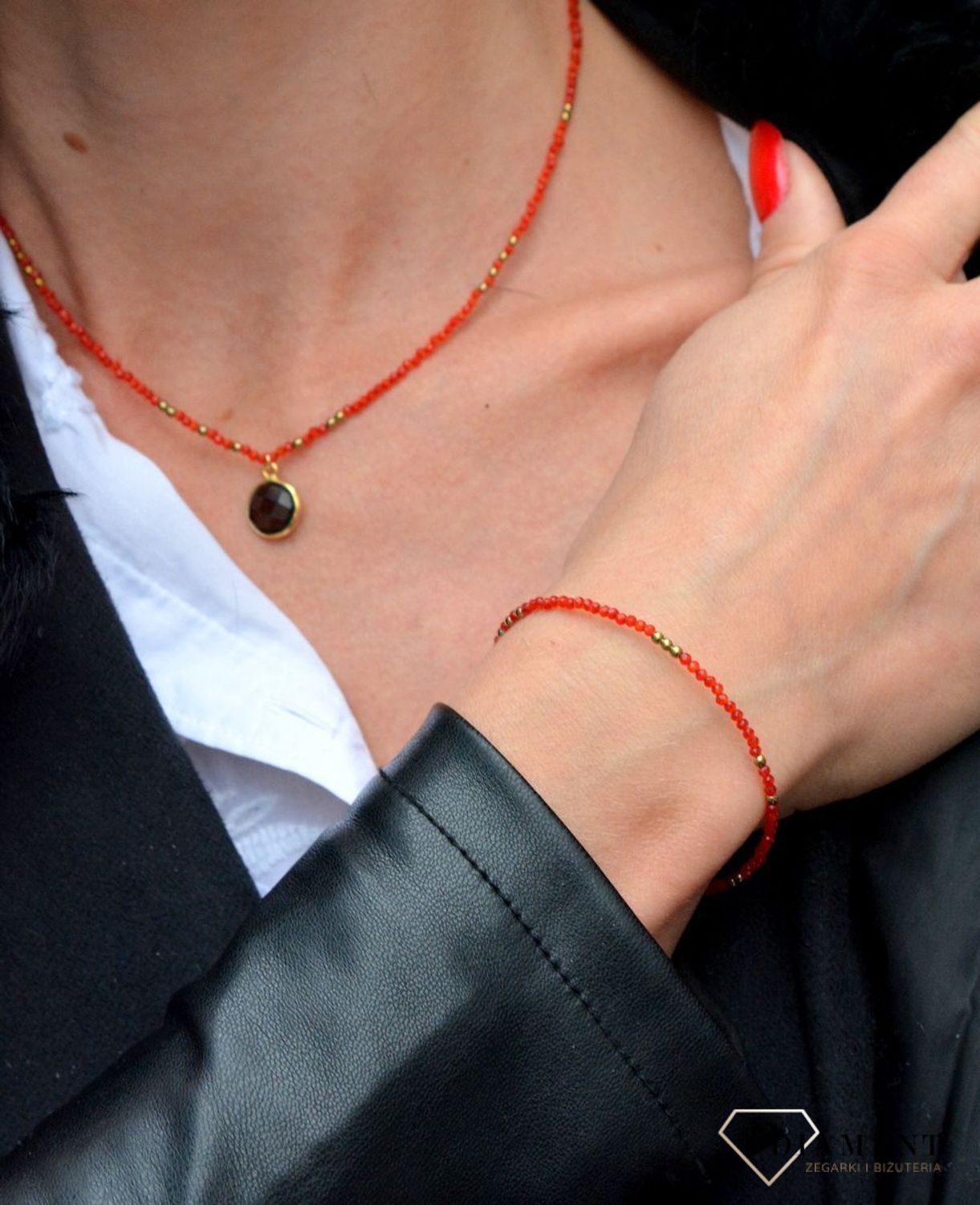 Naszyjnik z kamieni czerwone kocie oko i kwarc DIA-NSZ-4069-925. Czerwony dodatek do sukienki. Zapraszamy do www.zegarki-diament.pl !!!.jpg