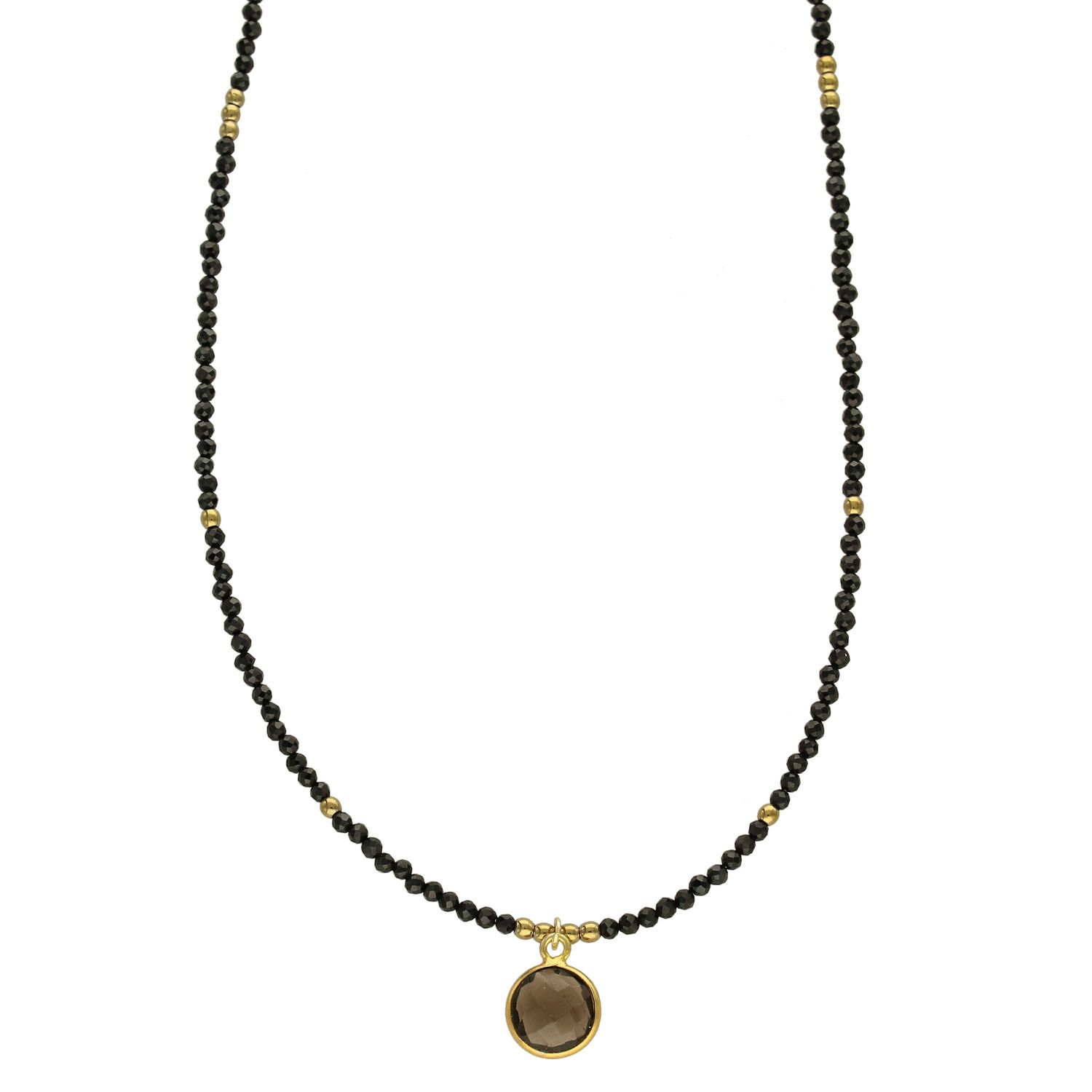 Naszyjnik z drobnych kamieni naturalnych czarny hematyt DIA-NSZ-4070-925 ze złotymi dodatkami. Elegancki dodatek do sukienki.jpg