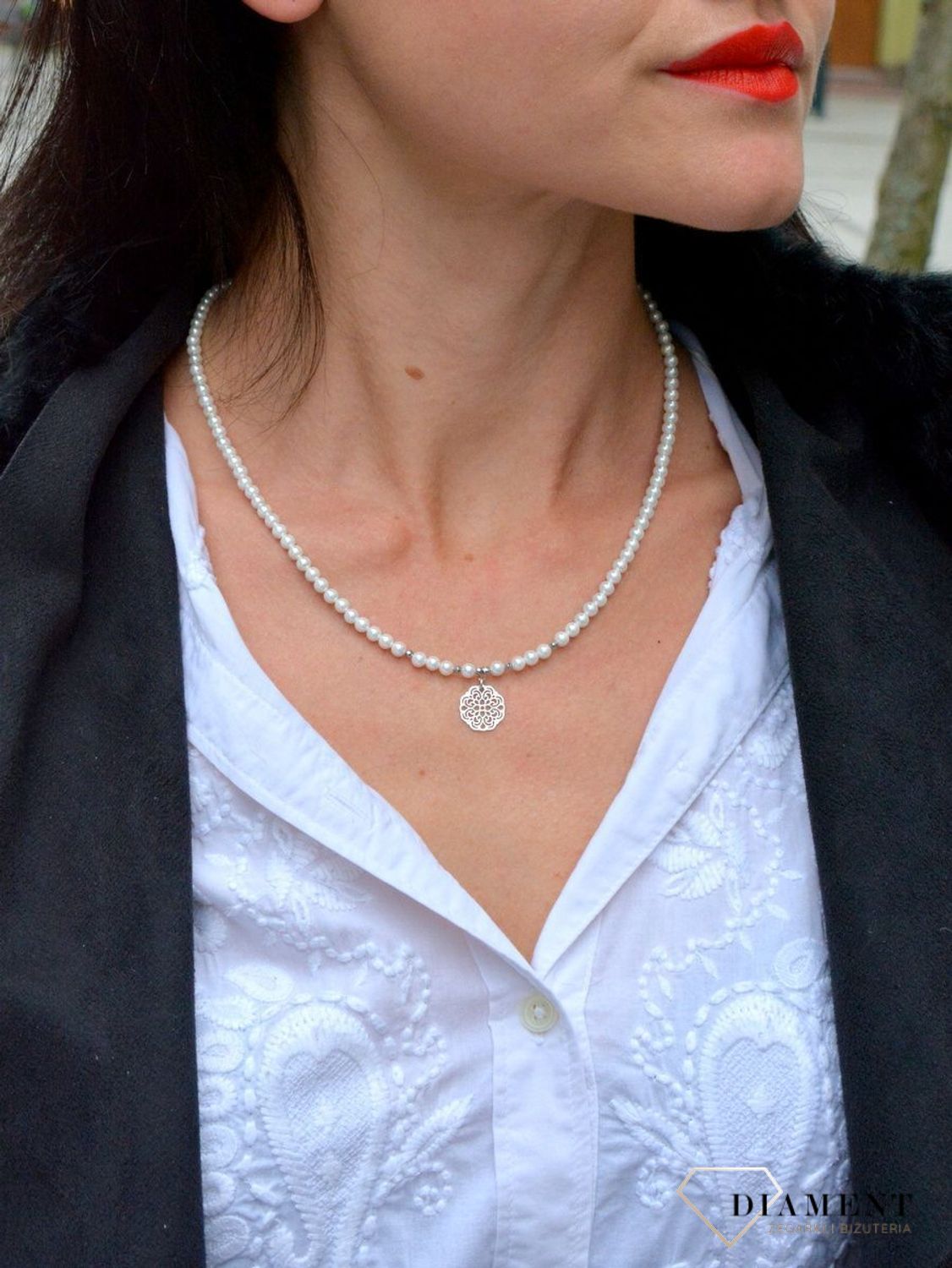 Naszyjnik perły Majorka ze srebrną, ażurową zawieszką DIA-NSZ-4072-925.jpg