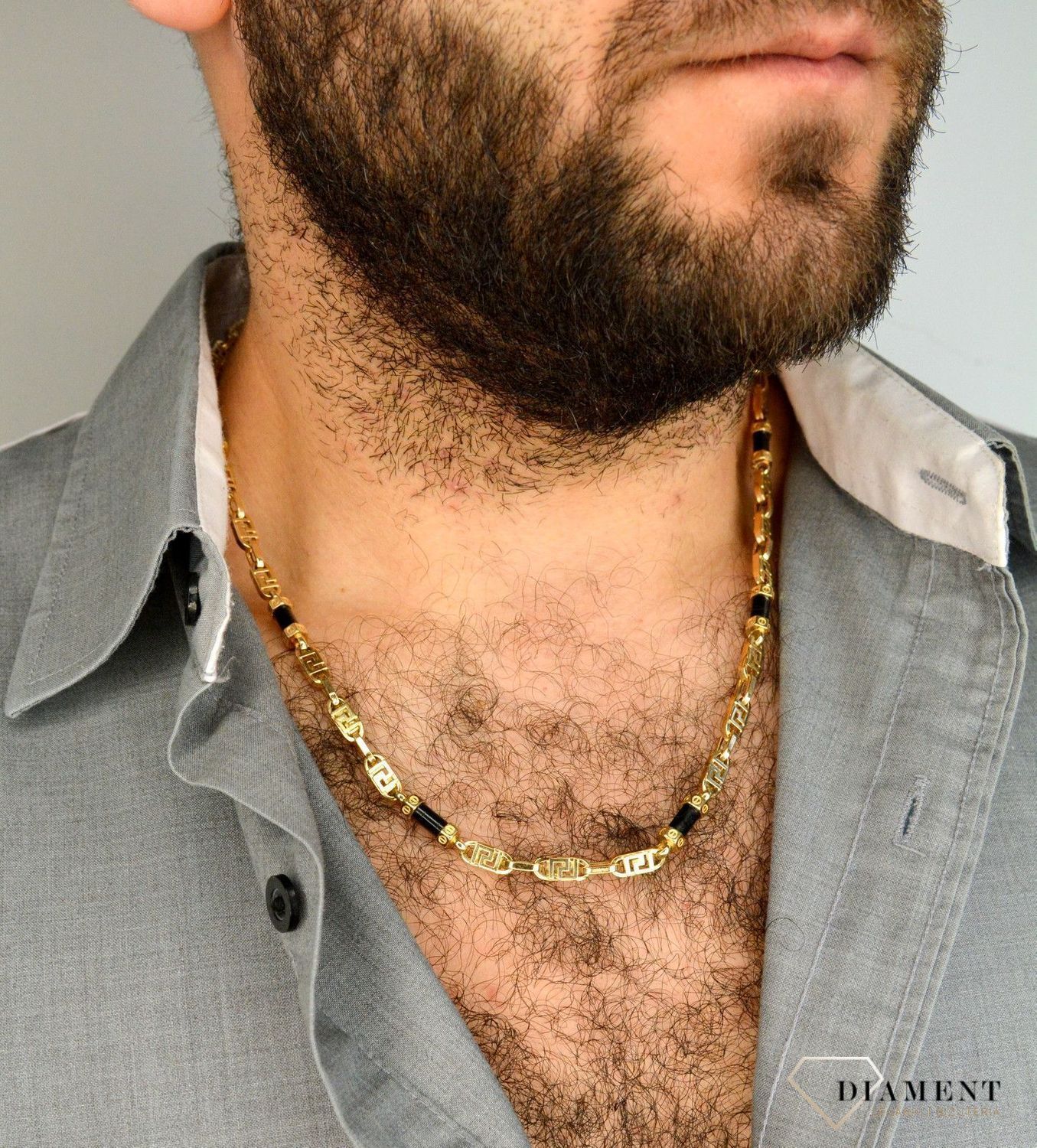 Złoty naszyjnik grube ogniwa królewski z onyksem DIA-NSZ-4152-585.jpg