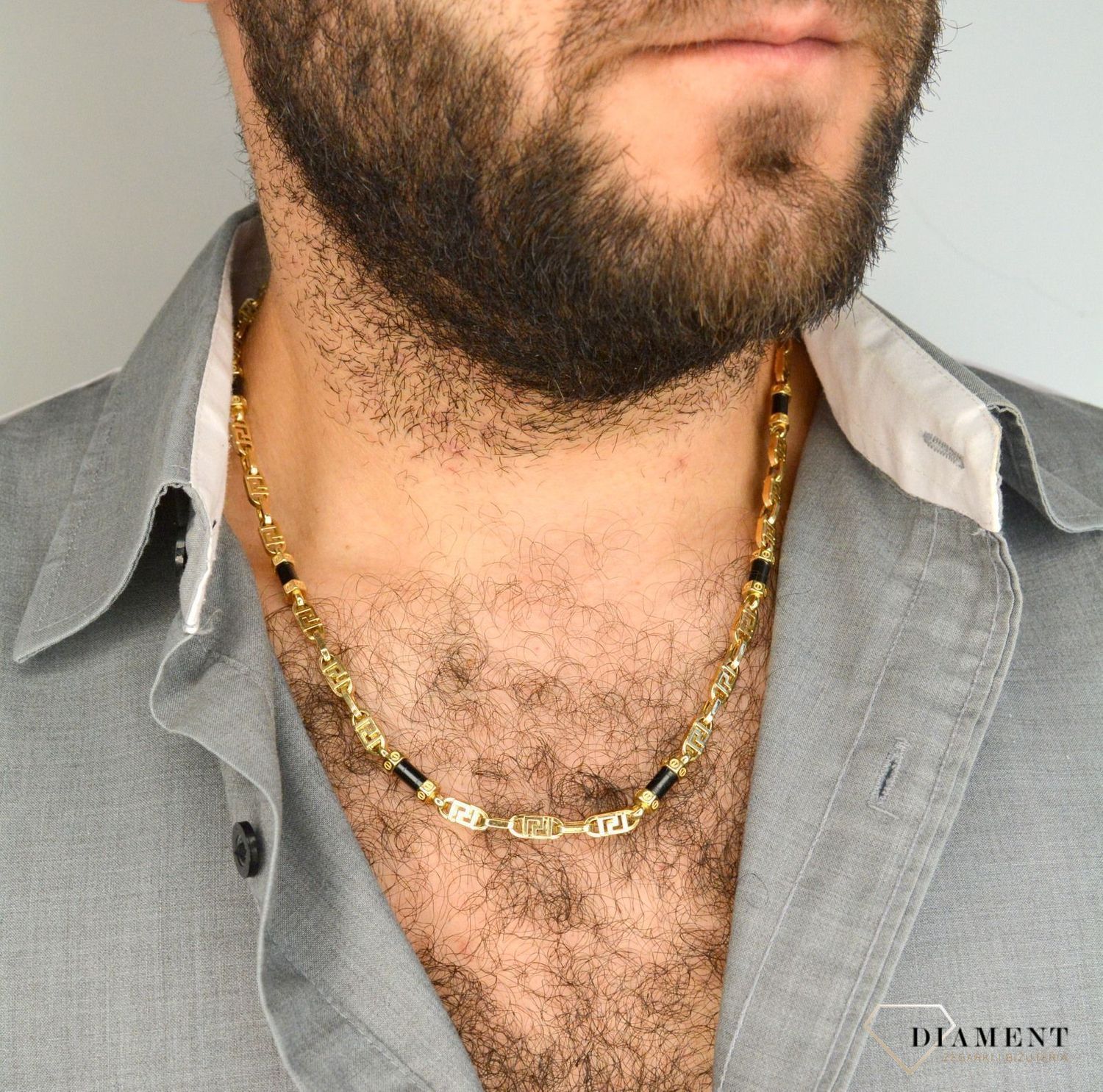 Złoty naszyjnik grube ogniwa królewski z onyksem DIA-NSZ-4152-585.jpg