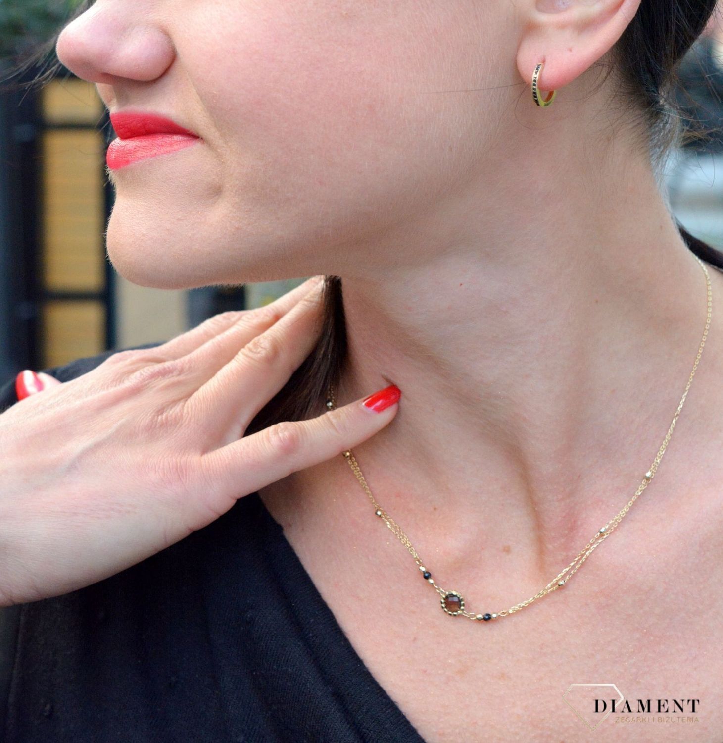 Złoty naszyjnik delikatny z kwarcem dymnym i kuleczkami DIA-NSZ-4245-585. Złoty naszyjnik w eleganckim wydaniu zachwyci najbardziej wyszukane gusta.jpg