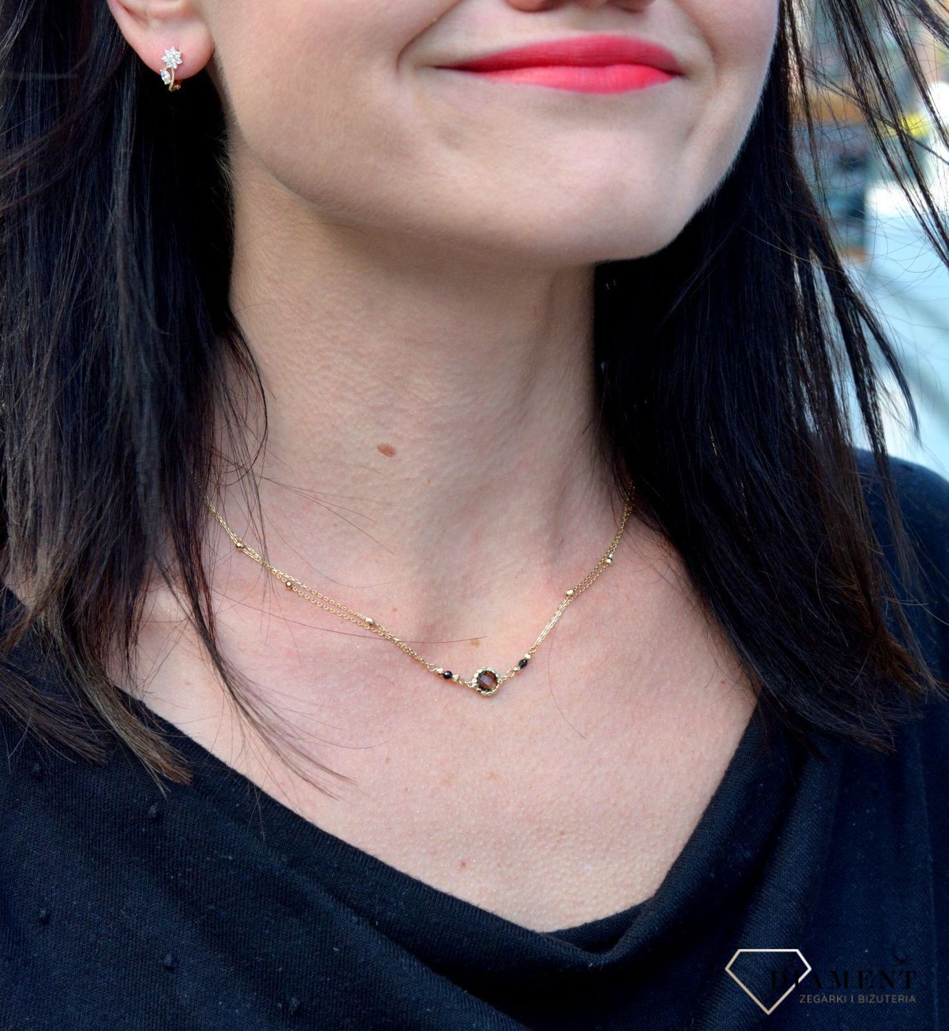 Złoty naszyjnik delikatny z kwarcem dymnym i kuleczkami DIA-NSZ-4245-585. Złoty naszyjnik w eleganckim wydaniu zachwyci najbardziej wyszukane gusta.jpg