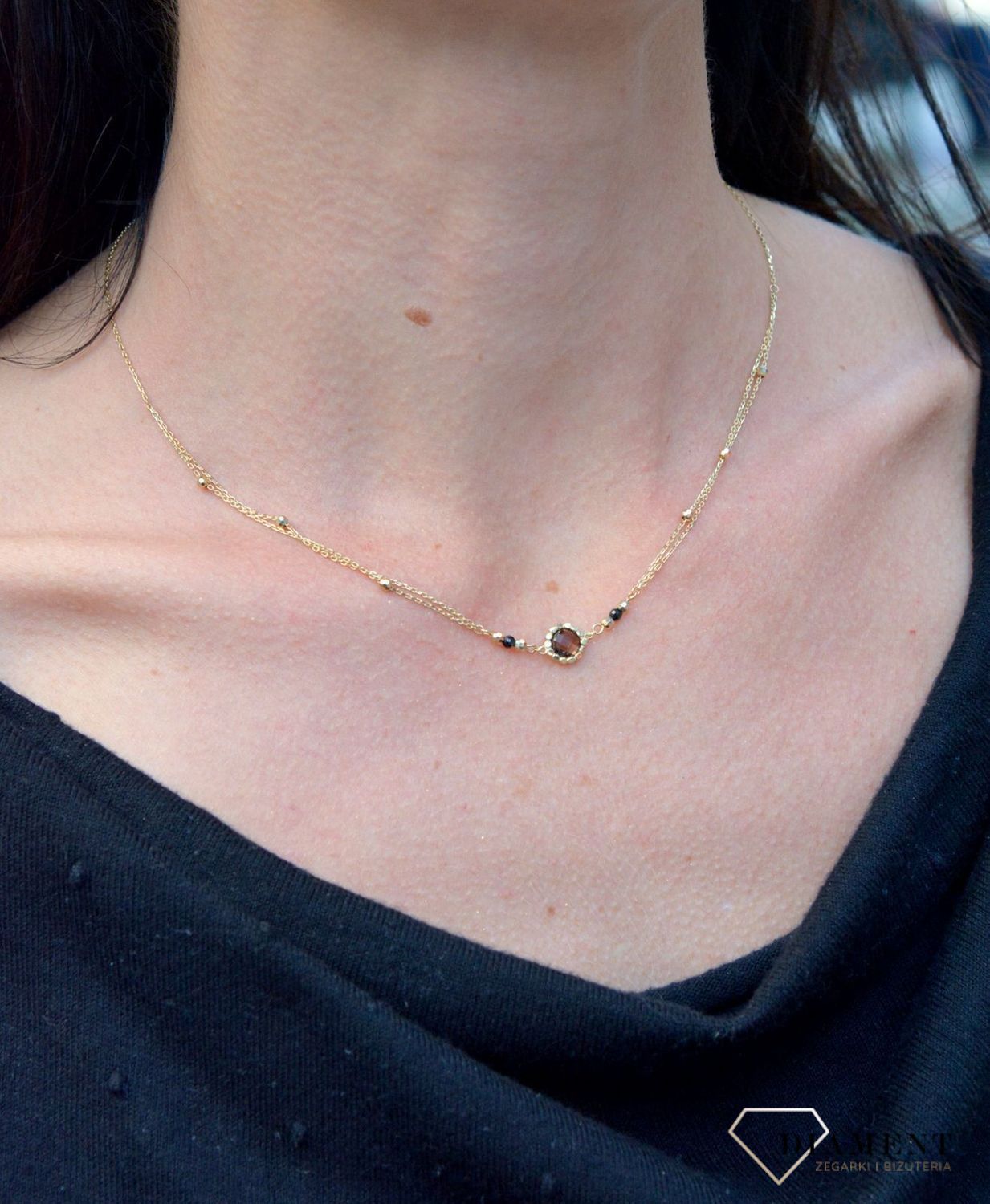 Złoty naszyjnik delikatny z kwarcem dymnym i kuleczkami DIA-NSZ-4245-585. Złoty naszyjnik w eleganckim wydaniu zachwyci najbardziej wyszukane gusta.jpg