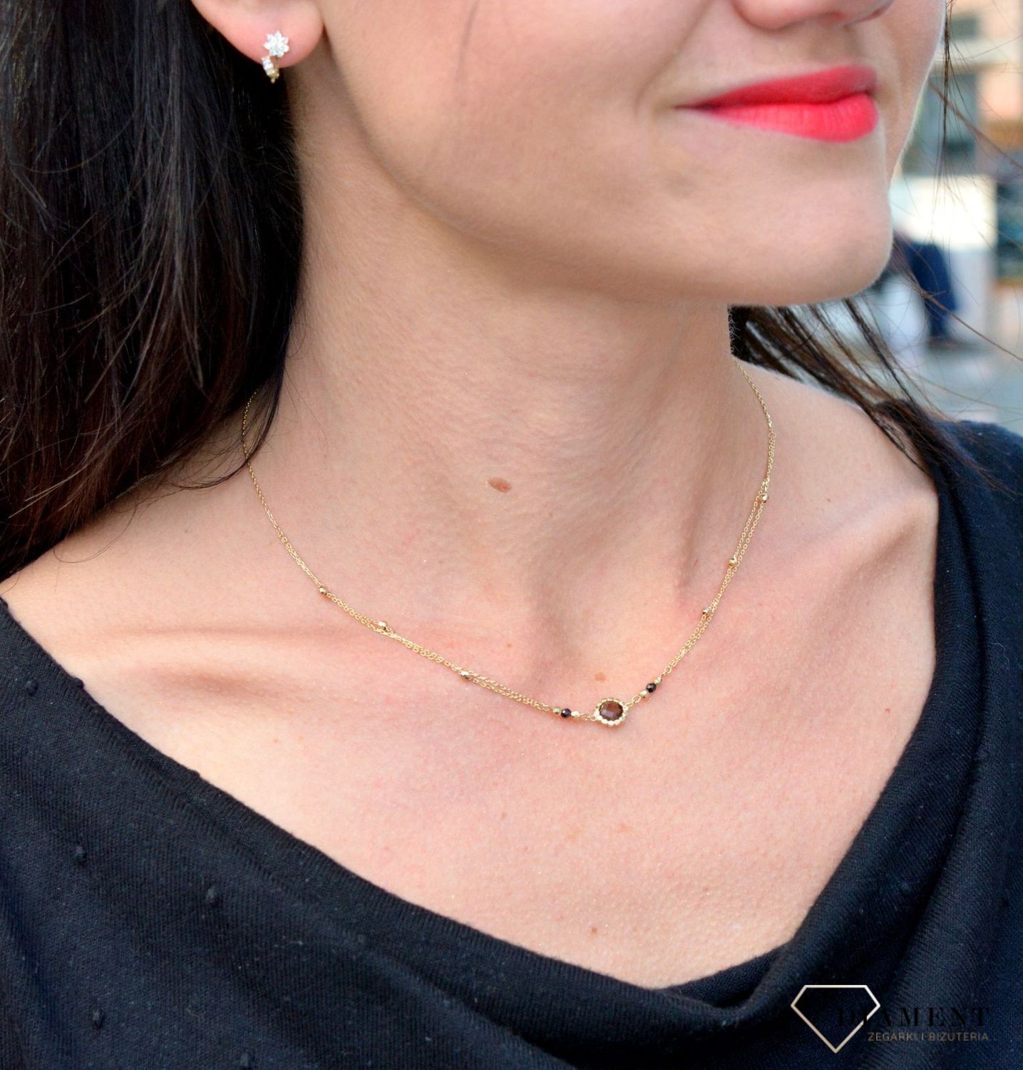 Złoty naszyjnik delikatny z kwarcem dymnym i kuleczkami DIA-NSZ-4245-585. Złoty naszyjnik w eleganckim wydaniu zachwyci najbardziej wyszukane gusta.jpg