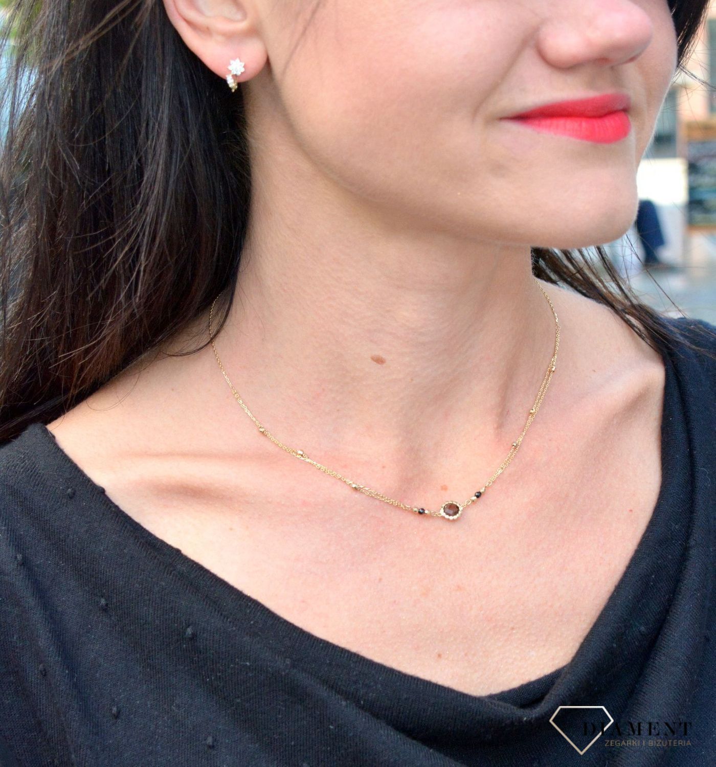 Złoty naszyjnik delikatny z kwarcem dymnym i kuleczkami DIA-NSZ-4245-585. Złoty naszyjnik w eleganckim wydaniu zachwyci najbardziej wyszukane gusta.jpg