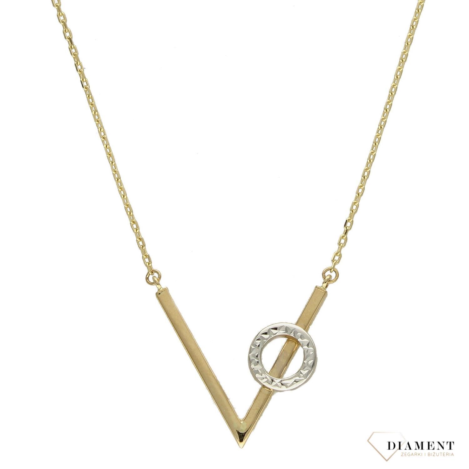 Złoty naszyjnik w kształcie litery V z okrągłym elementem wykonanym z białego złota..jpg