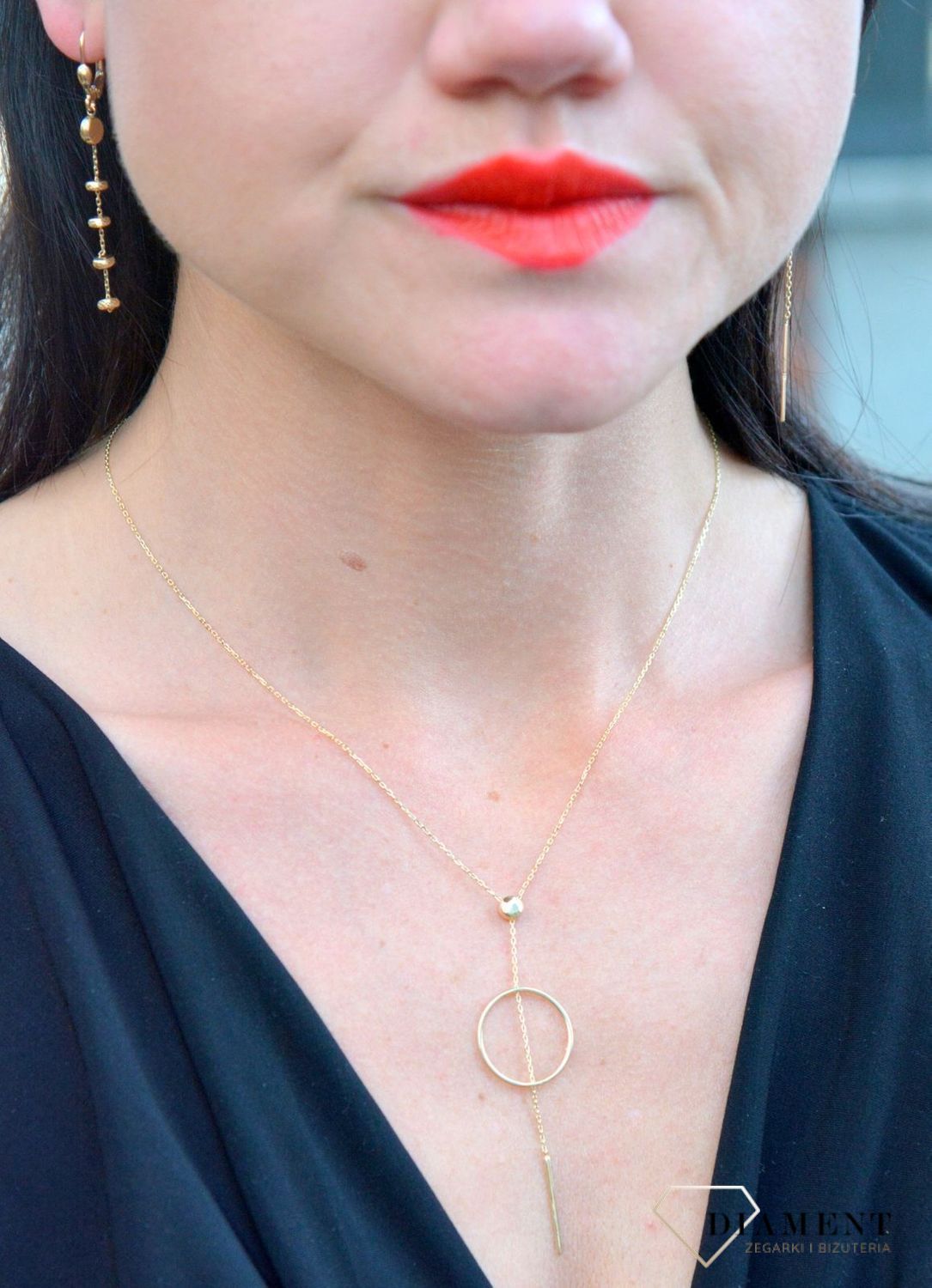 Złoty naszyjnik celebrytka krawatka z okrągłą zawieszką i patyczkiem DIA-NSZ-4306-585.jpg