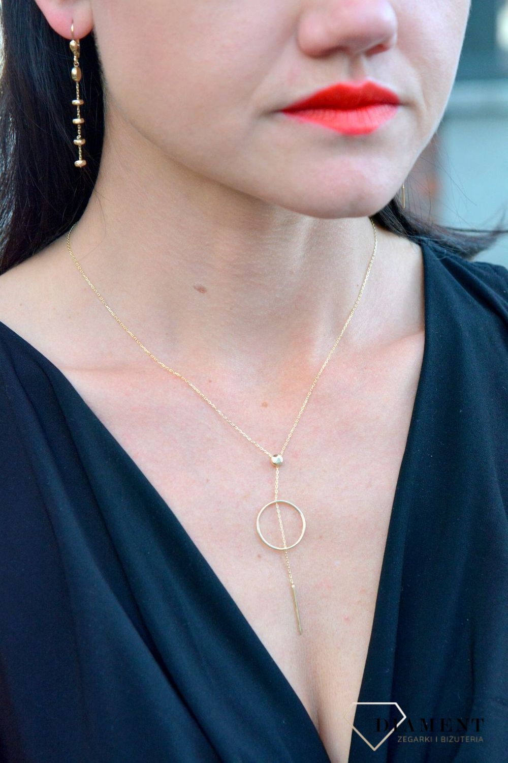 Złoty naszyjnik celebrytka krawatka z okrągłą zawieszką i patyczkiem DIA-NSZ-4306-585.jpg