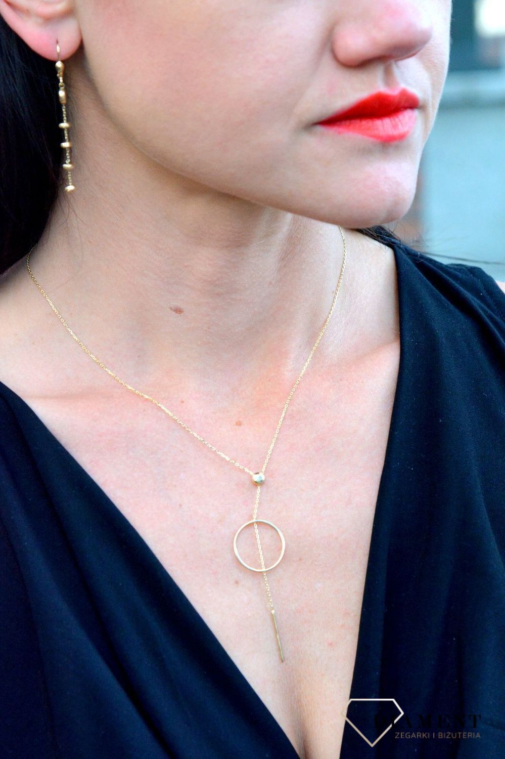 Złoty naszyjnik celebrytka krawatka z okrągłą zawieszką i patyczkiem DIA-NSZ-4306-585.jpg