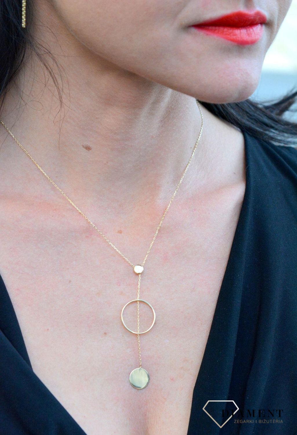 Złoty naszyjnik celebrytka krawatka z okrągłą zawieszką i kółkiem DIA-NSZ-4307-585.jpg