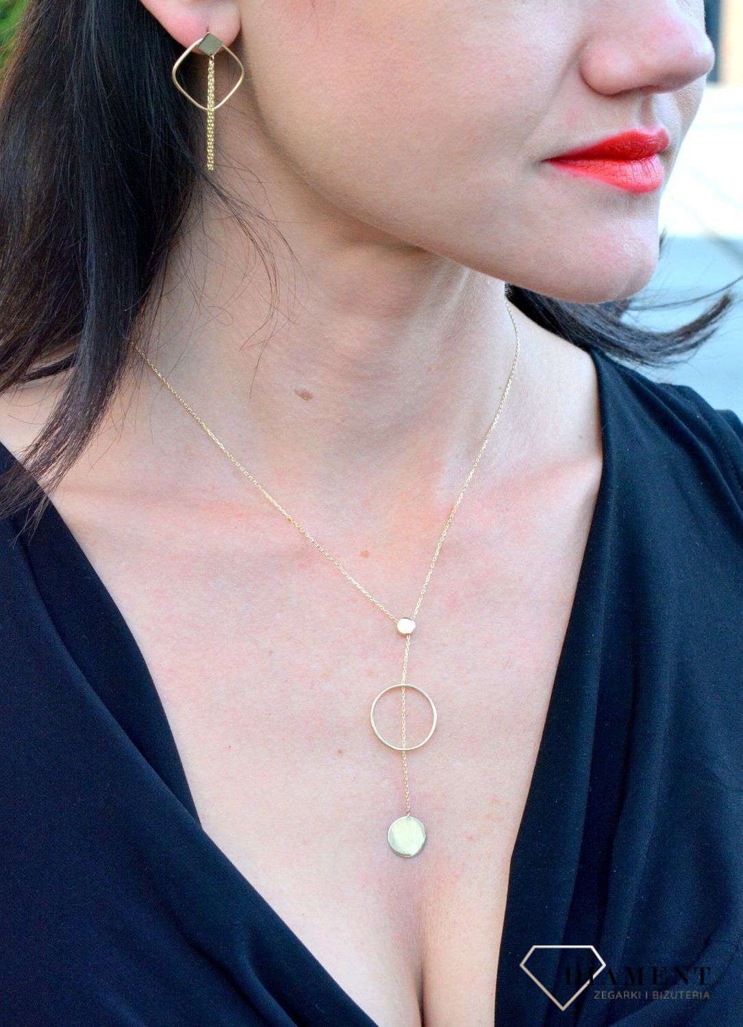 Złoty naszyjnik celebrytka krawatka z okrągłą zawieszką i kółkiem DIA-NSZ-4307-585.jpg