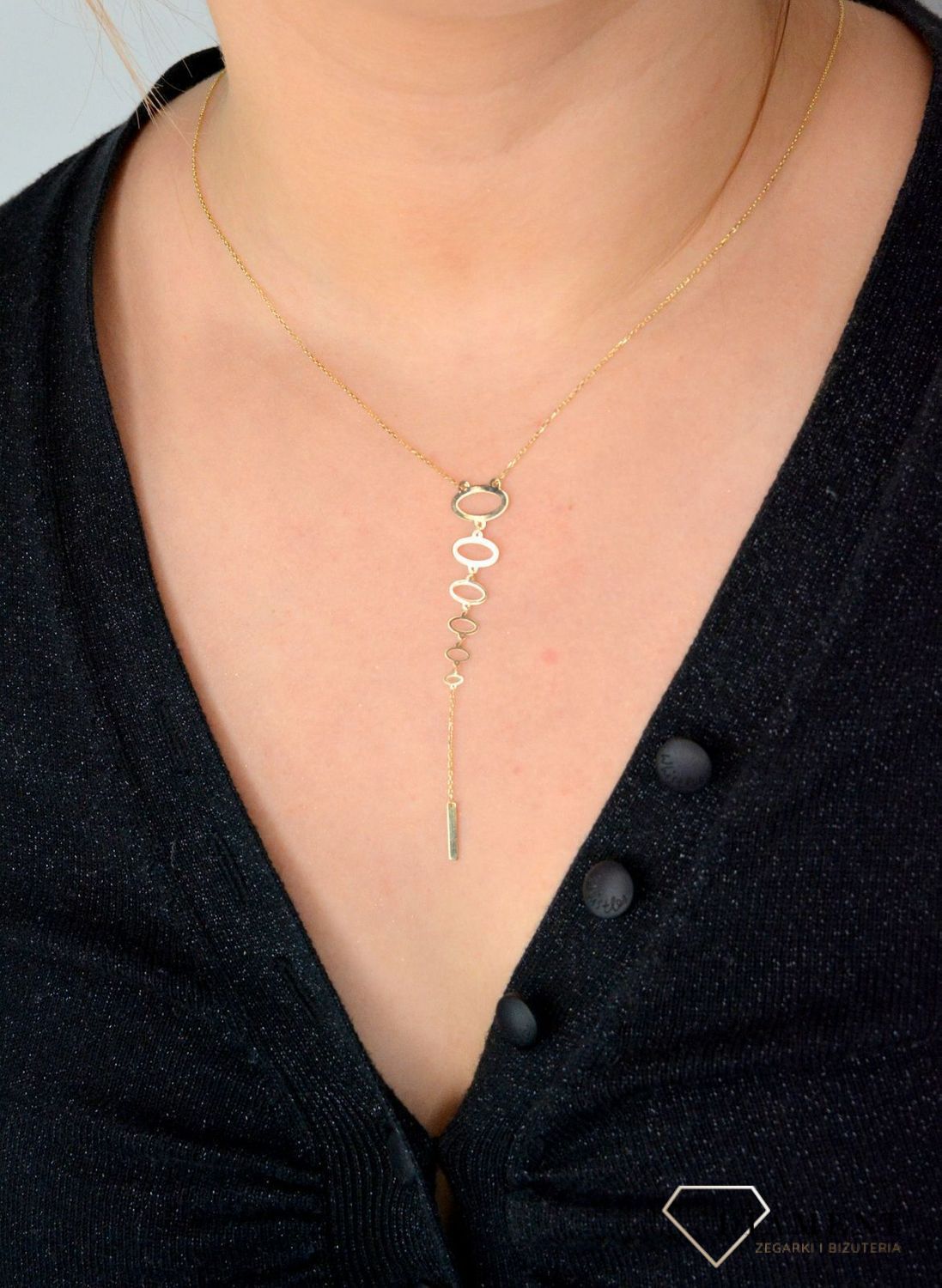 Złoty naszyjnik celebrytka krawatka zakończona kółkami i patyczkiem DIA-NSZ-4441-585.jpg