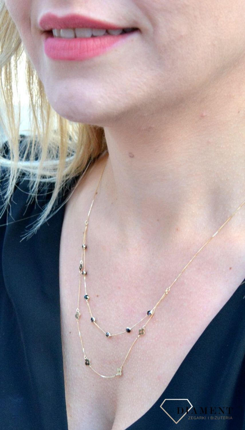 Złoty naszyjnik celebrytka podwójny łańcuszek z cyrkonią i kwiatkami DIA-NSZ-4455-585.jpg