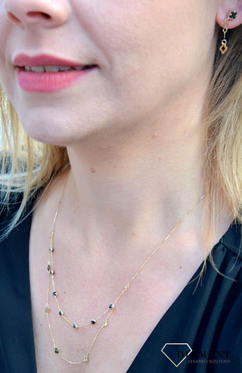 Złoty naszyjnik celebrytka podwójny łańcuszek z cyrkonią i kwiatkami DIA-NSZ-4455-585.jpg