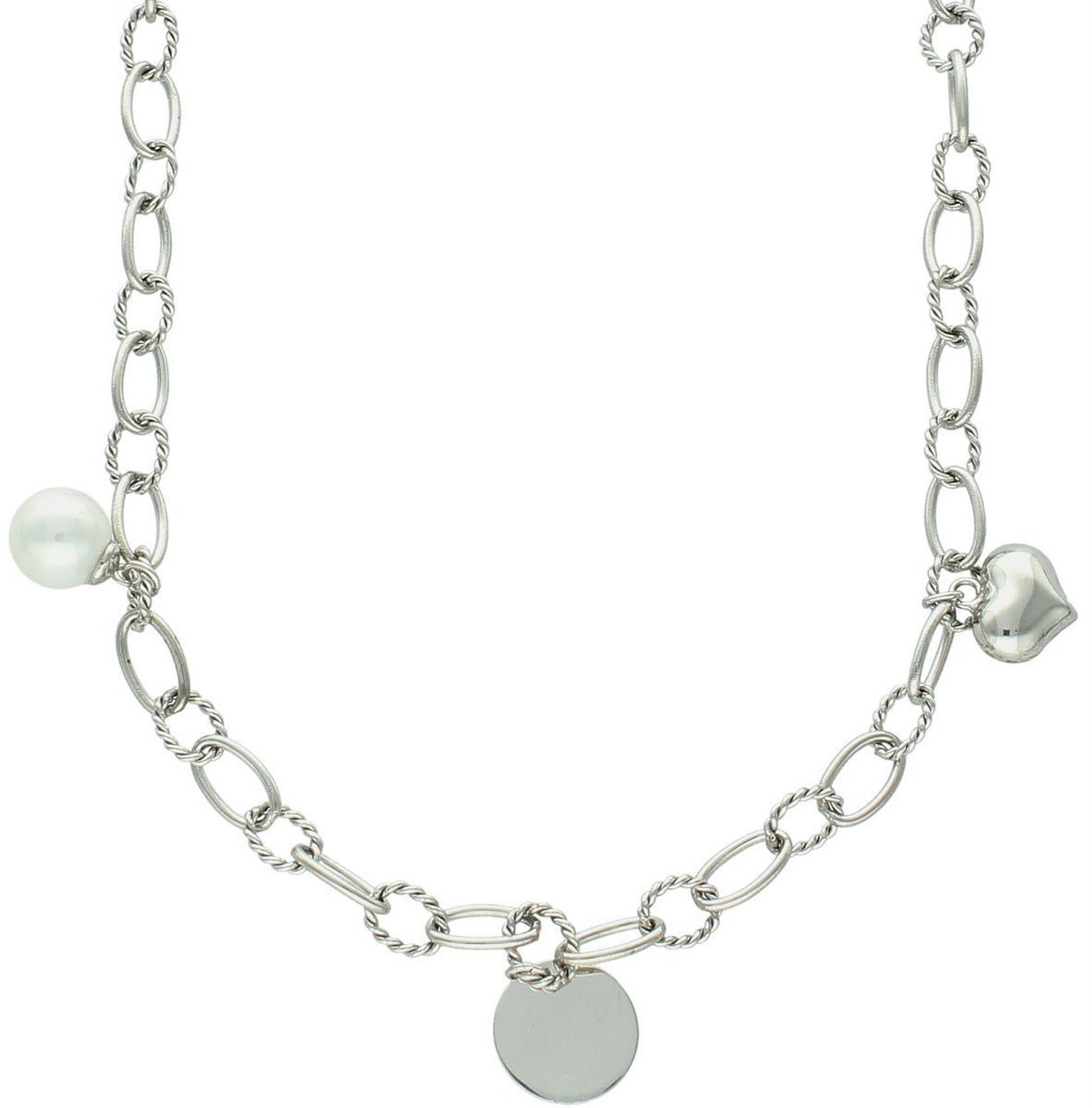 Naszyjnik srebrny 925 zdobiony serduszkiem, perełką i okrągłą blaszką. Długość 42 + 2 cm, zapięcie na karabińczyk, waga 8,70 g. Stylowy i kobiecy dodatek na każdą okazję.1.jpg