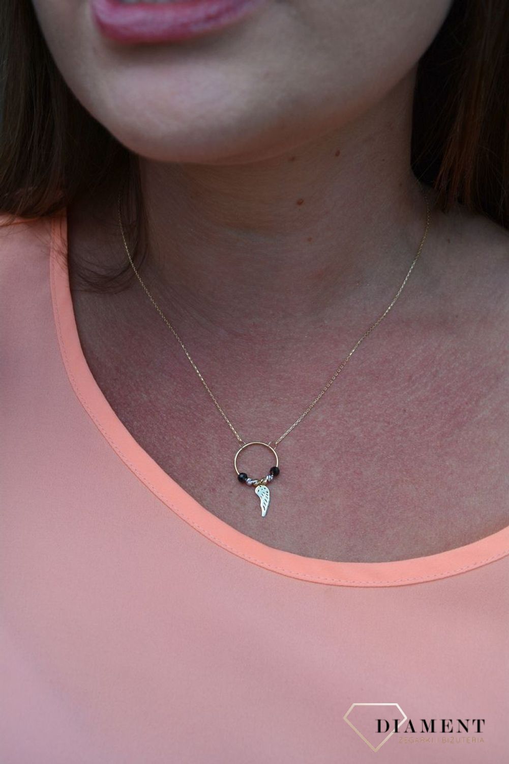 Złoty naszyjnik celebrytka 375 koło ze skrzydełkiem i koralikami DIA-NSZ-47K45-FON0045-YW-BCZ-375.jpg