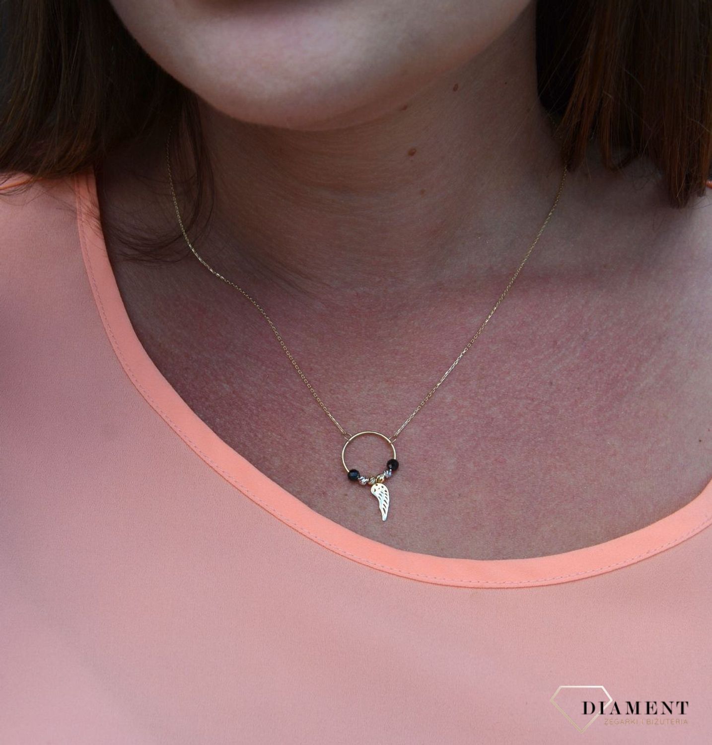 Złoty naszyjnik celebrytka 375 koło ze skrzydełkiem i koralikami DIA-NSZ-47K45-FON0045-YW-BCZ-375.jpg