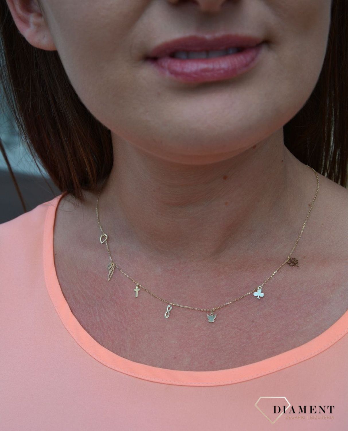 Złoty naszyjnik celebrytka 375 koniczynka, aniołek, nieskończoność, krzyż, skrzydło, serce, trefl.jpg