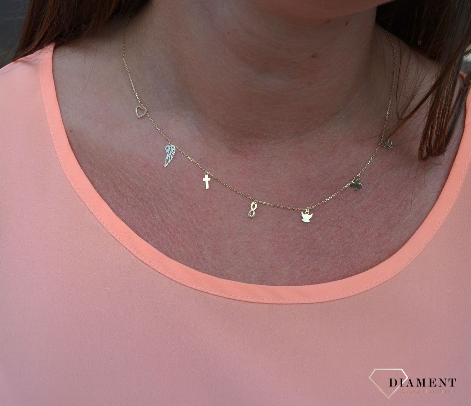 Złoty naszyjnik celebrytka 375 koniczynka, aniołek, nieskończoność, krzyż, skrzydło, serce, trefl.jpg