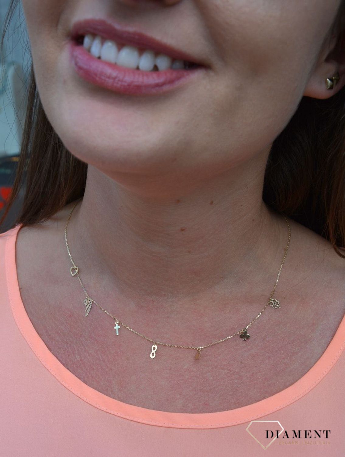 Złoty naszyjnik celebrytka 375 koniczynka, aniołek, nieskończoność, krzyż, skrzydło, serce, trefl.jpg