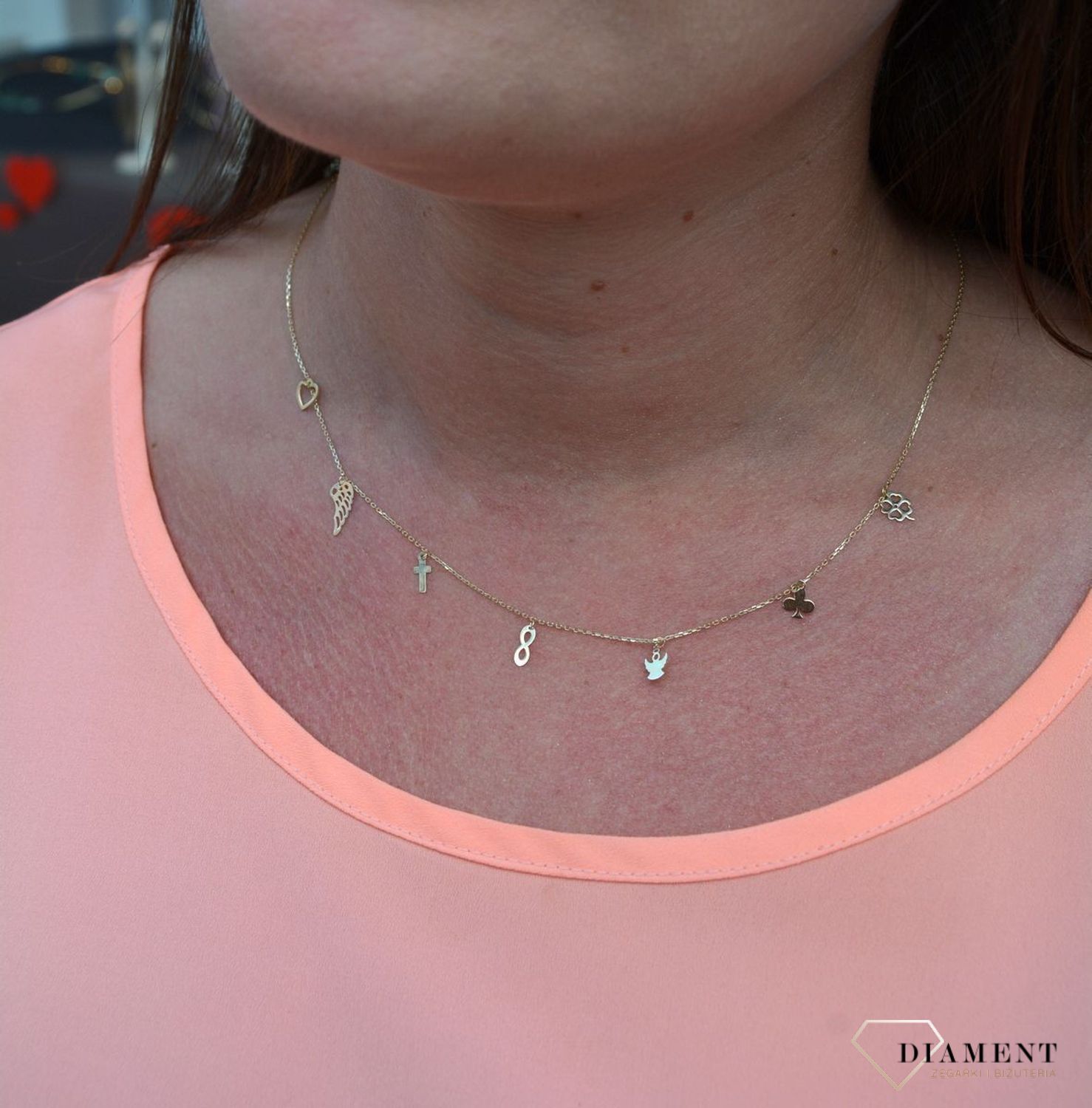 Złoty naszyjnik celebrytka 375 koniczynka, aniołek, nieskończoność, krzyż, skrzydło, serce, trefl.jpg