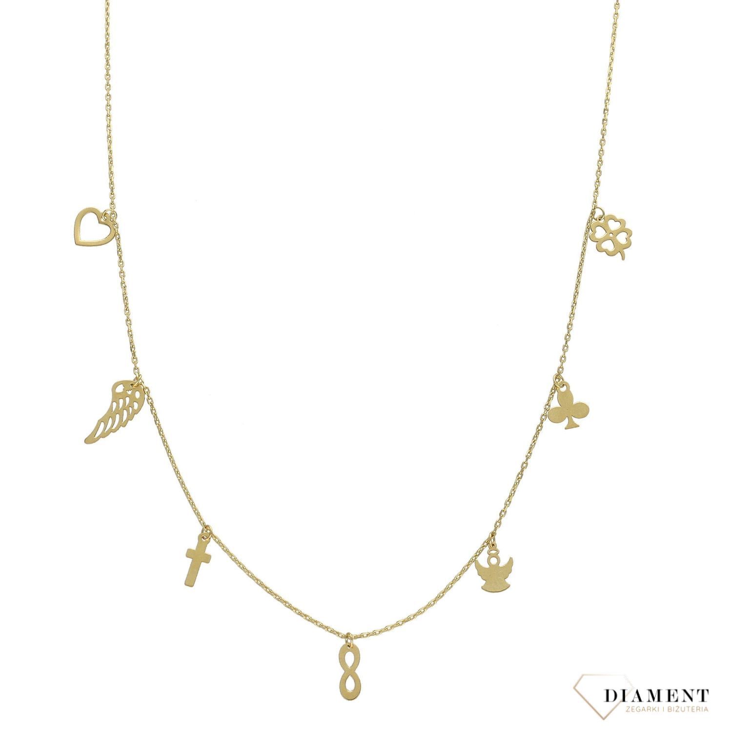 Złoty naszyjnik celebrytka 375 koniczynka, aniołek, nieskończoność, krzyż, skrzydło, serce, trefl.jpg