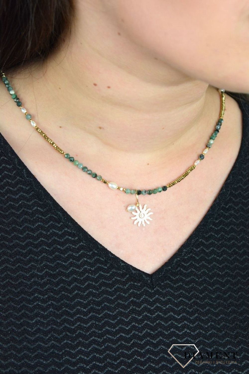 Naszyjnik 'Złote słońce' szmaragd, perła, hematyt DIA-NSZ-4875-925.jpg