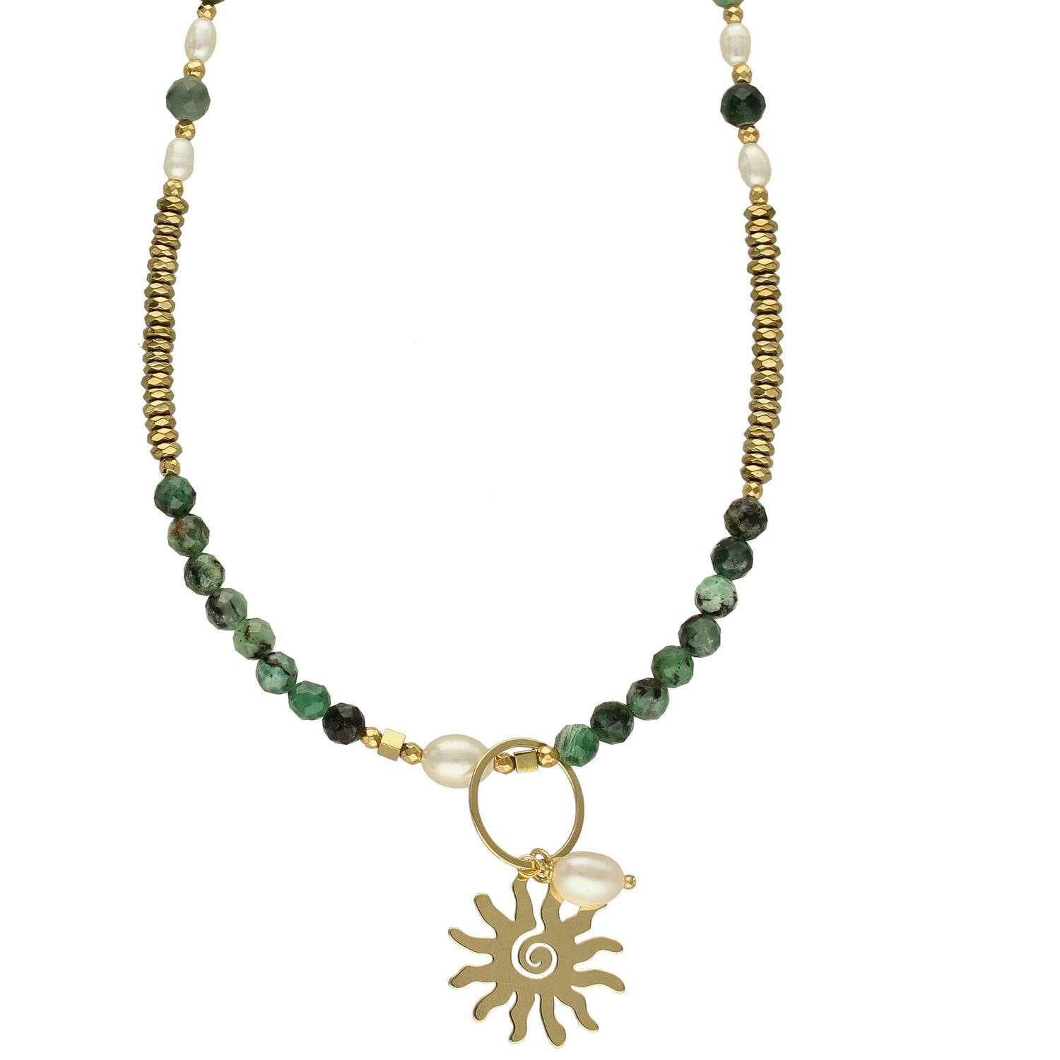 Naszyjnik 'Złote słońce' szmaragd, perła, hematyt DIA-NSZ-4875-925.jpg