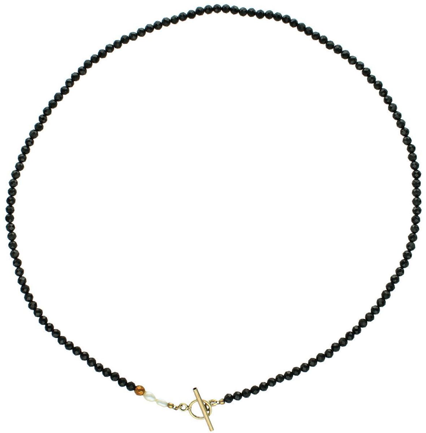 Naszyjnik damski srebrny DIA-NSZ-4883-925 z turmalinem, perłą i hematytem. Srebro próby 925, pozłacane, długość 50 cm, zapięcie przekładane patyczkiem. 1.jpg