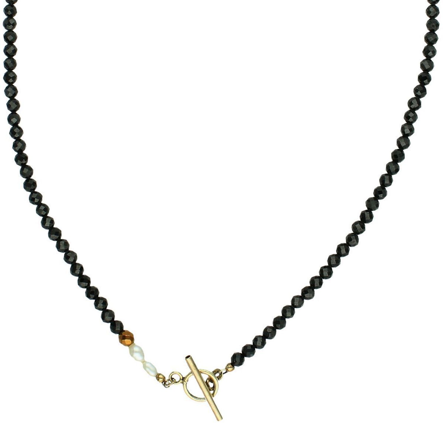 Naszyjnik damski srebrny DIA-NSZ-4883-925 z turmalinem, perłą i hematytem. Srebro próby 925, pozłacane, długość 50 cm, zapięcie przekładane patyczkiem. 1.jpg