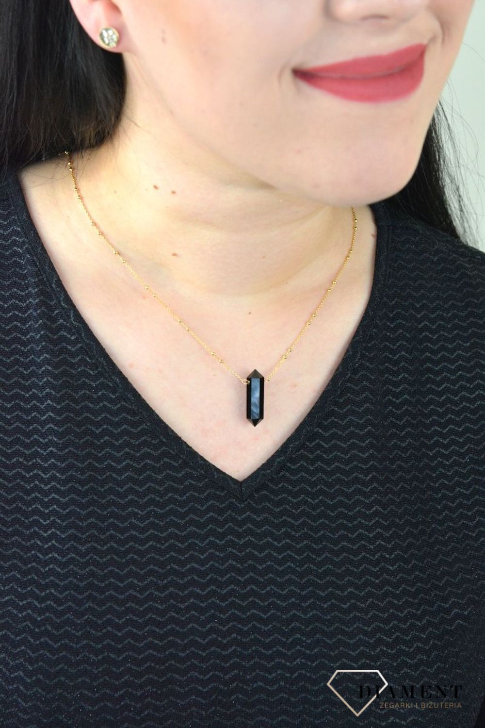 Srebrny naszyjnik pozłacany modowy z onyksem DIA-NSZ-4921-925.jpg