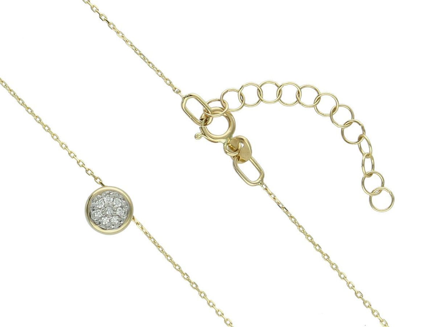 Delikatny naszyjnik damski ze złota próby 585 z 8 diamentami o łącznej masie 0,32 ct, barwie H i czystości SI2. Długość 42 cm z przedłużką 3 cm. Waga 1,39 g.2.jpg