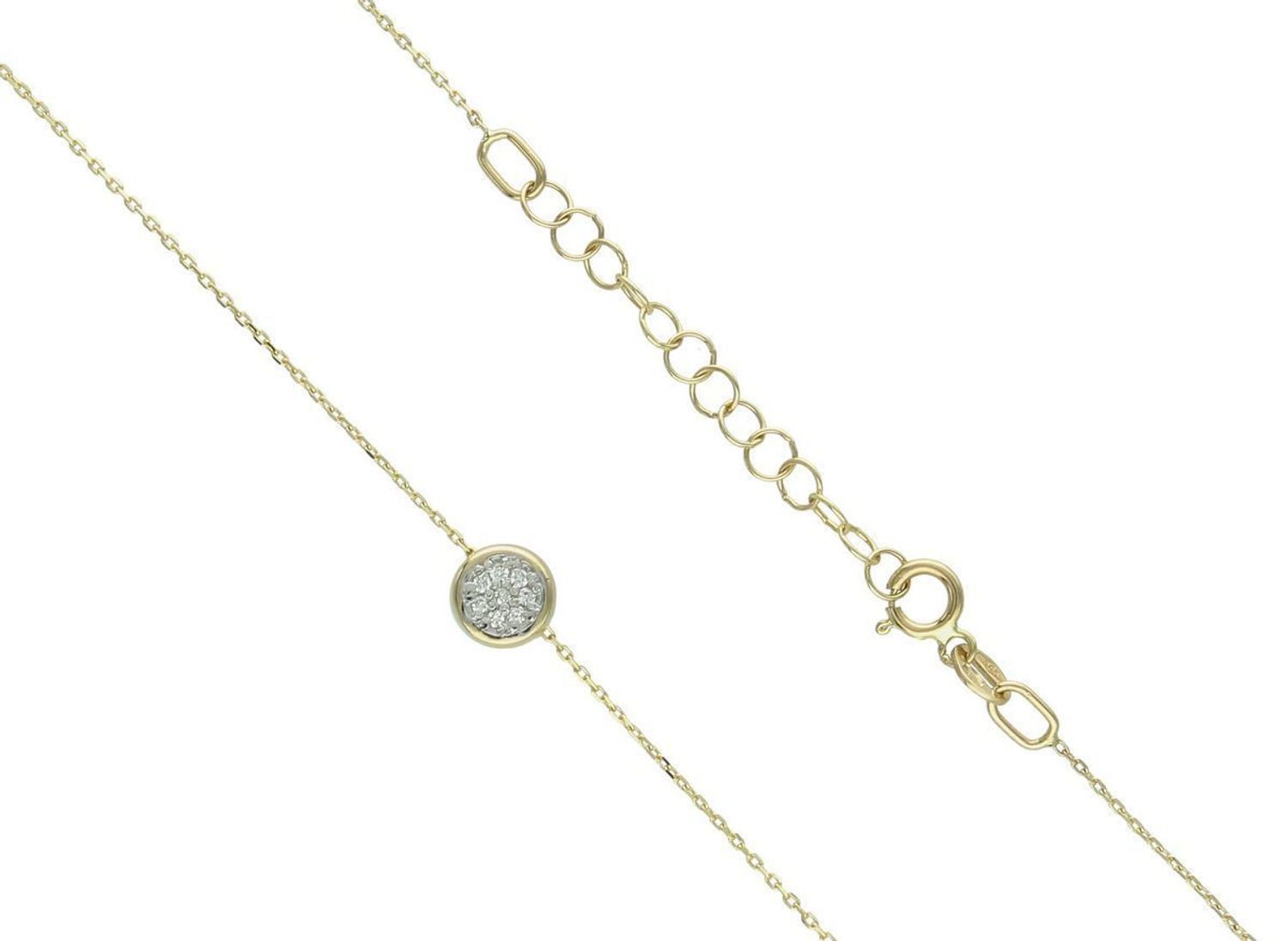 Delikatny naszyjnik damski ze złota próby 585 z 8 diamentami o łącznej masie 0,32 ct, barwie H i czystości SI2. Długość 42 cm z przedłużką 3 cm. Waga 1,39 g.2.jpg