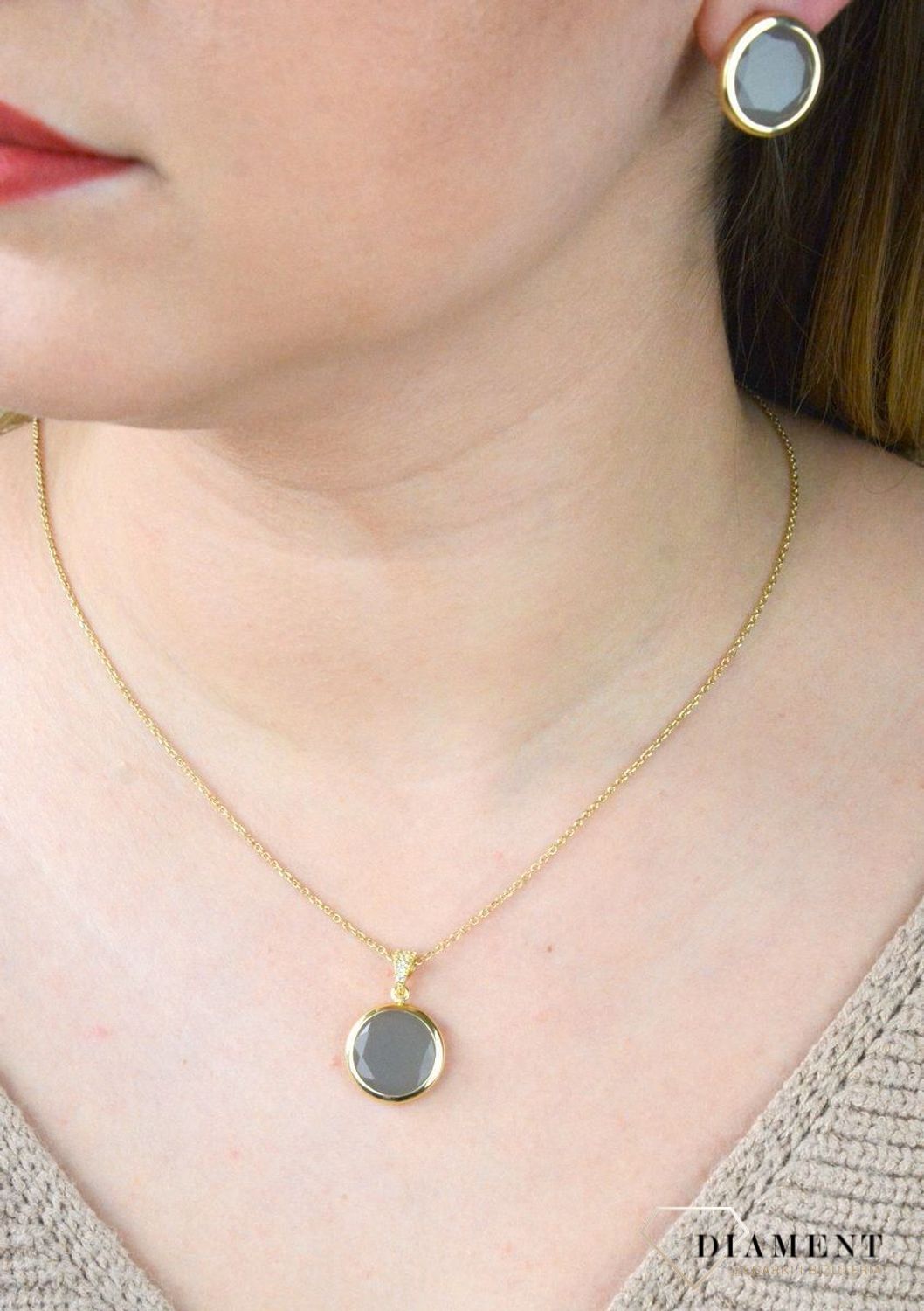 Pozłacany Naszyjnik Dall'acqua Sublime Szary Kamień Księżycowy 925 DIAMENT DIA-NSZ-5540-925.jpg
