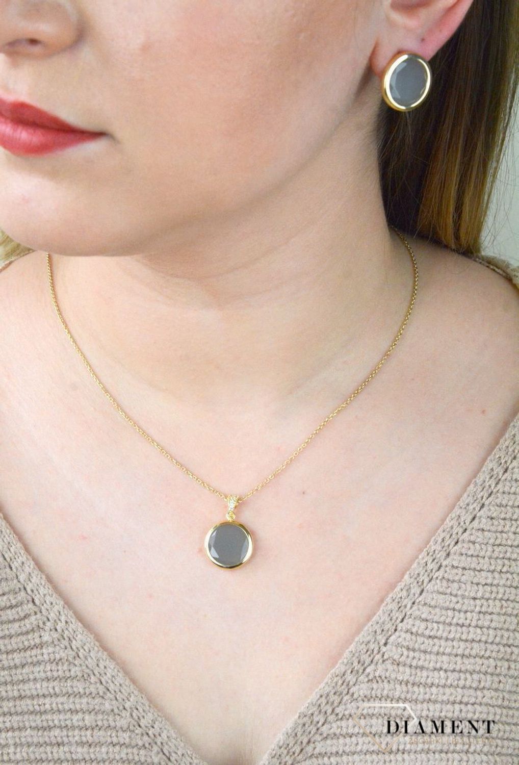 Pozłacany Naszyjnik Dall'acqua Sublime Szary Kamień Księżycowy 925 DIAMENT DIA-NSZ-5540-925.jpg