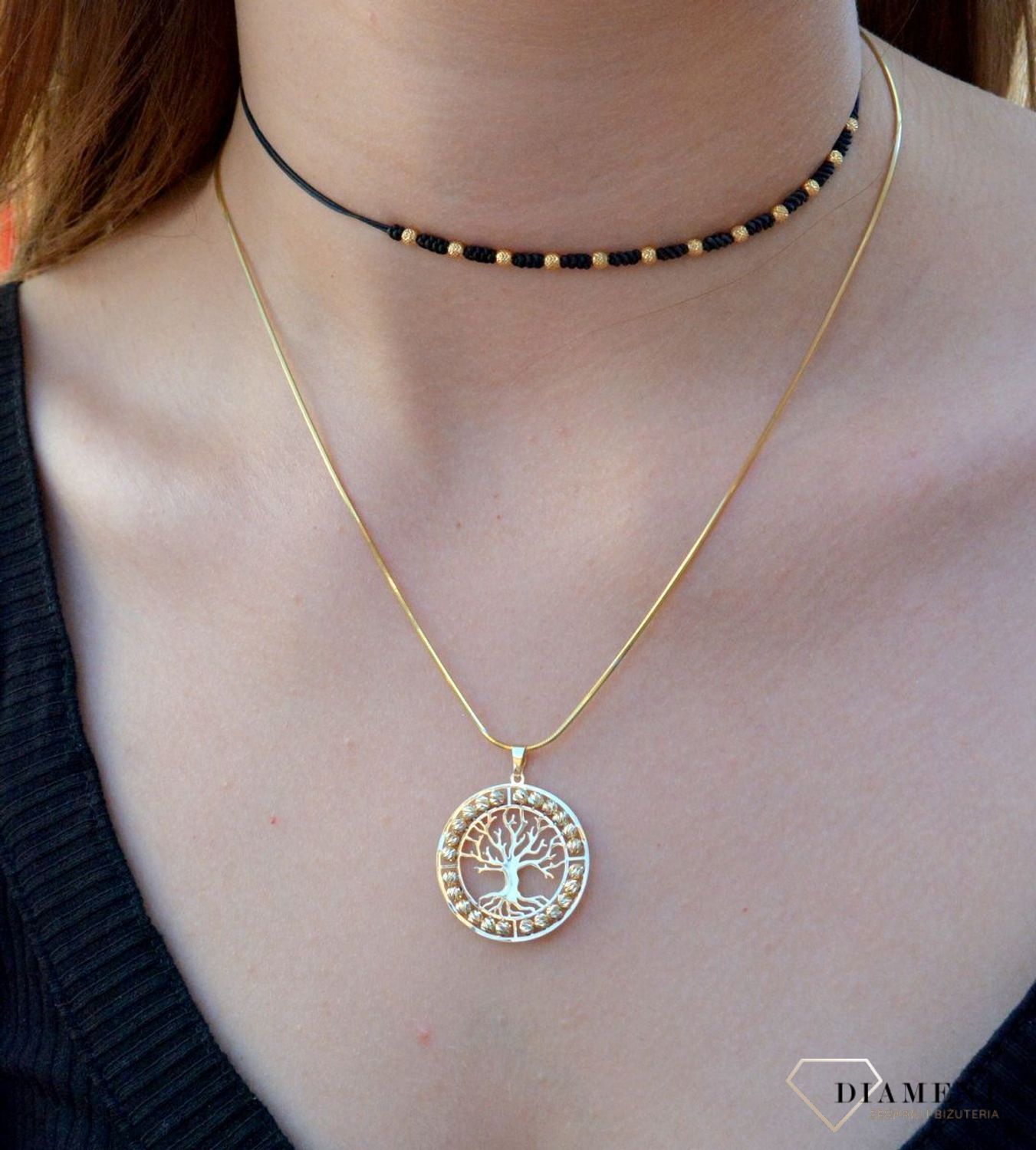 Choker złoty na sznureczku ze złotymi kuleczkami DIA-NSZ-6473-585. Naszyjnik ze złotem. Naszyjnik na sznureczku (1).JPG