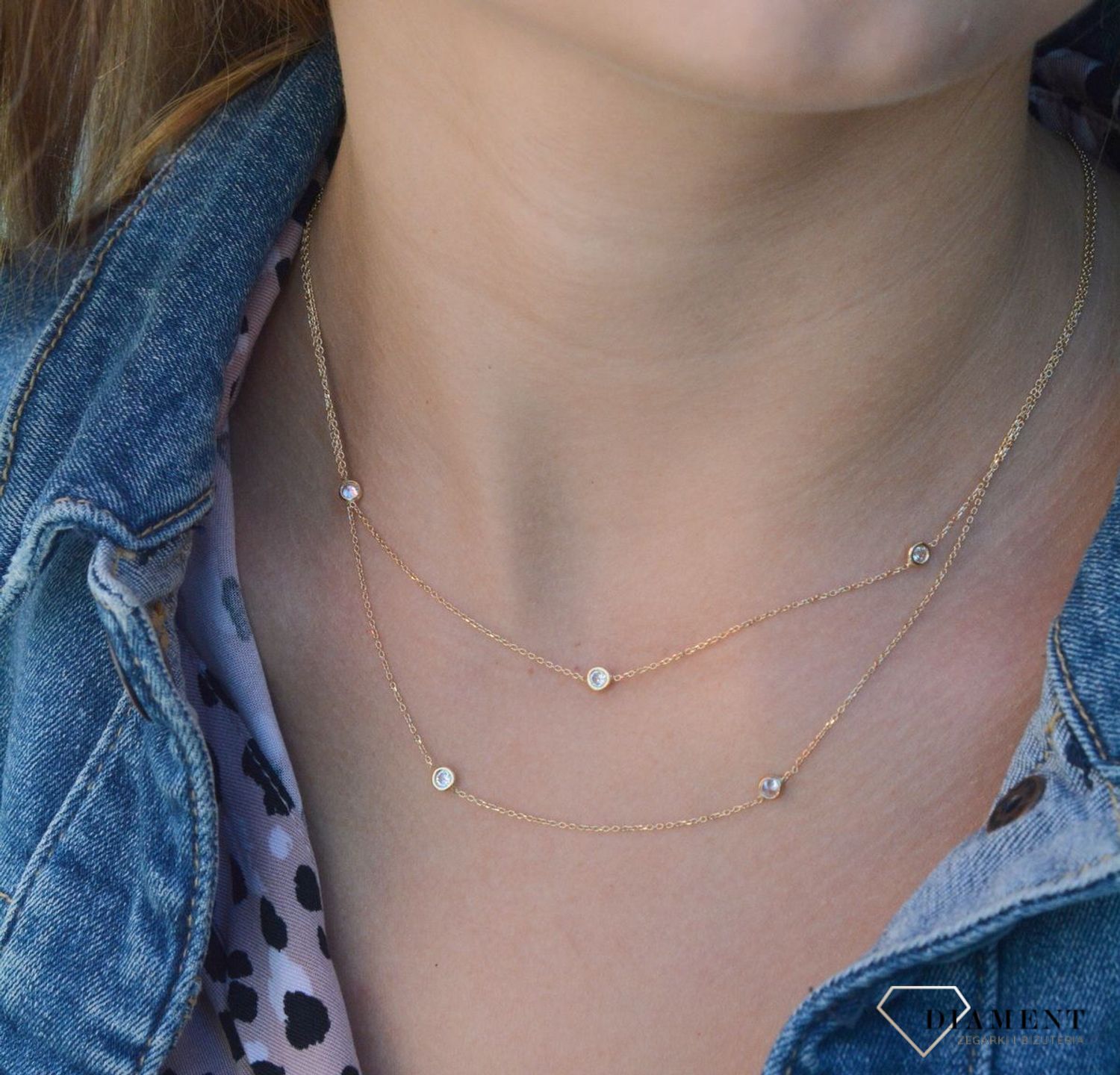 Złoty naszyjnik 585 'podwójny łańcuszek i białe cyrkonie' DIA-NSZ-7602-585xxx.jpg