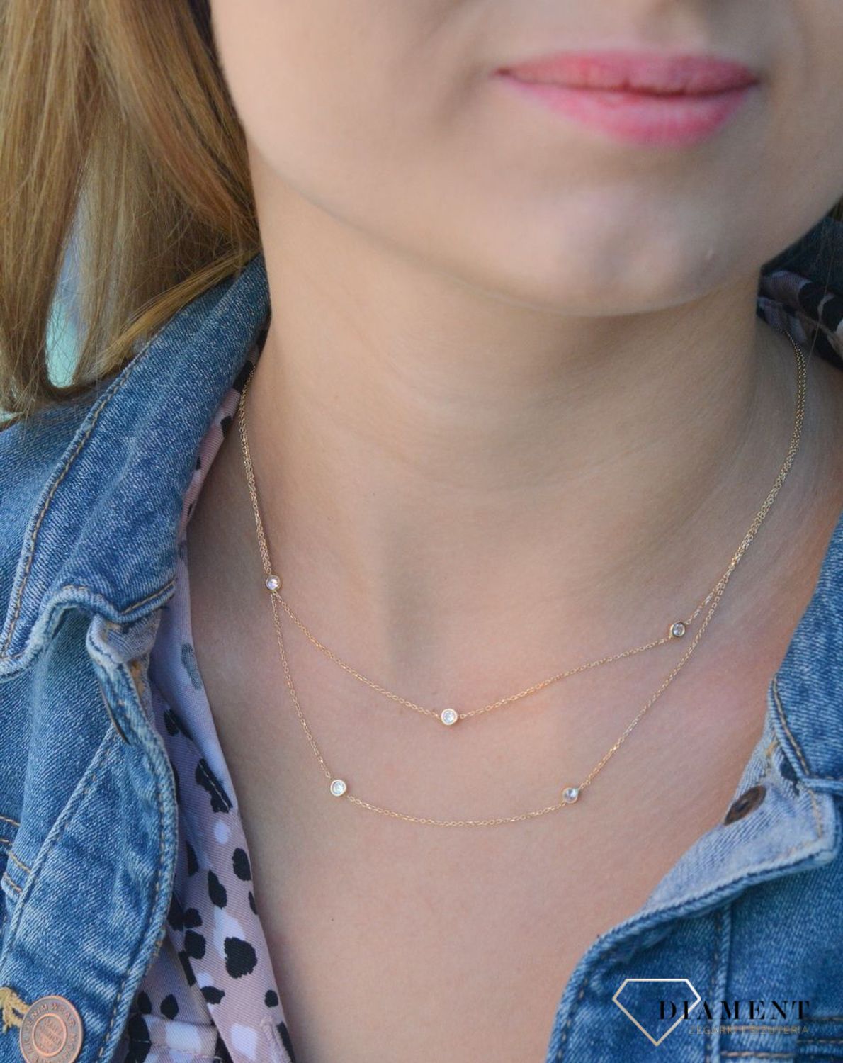 Złoty naszyjnik 585 'podwójny łańcuszek i białe cyrkonie' DIA-NSZ-7602-585xxx.jpg