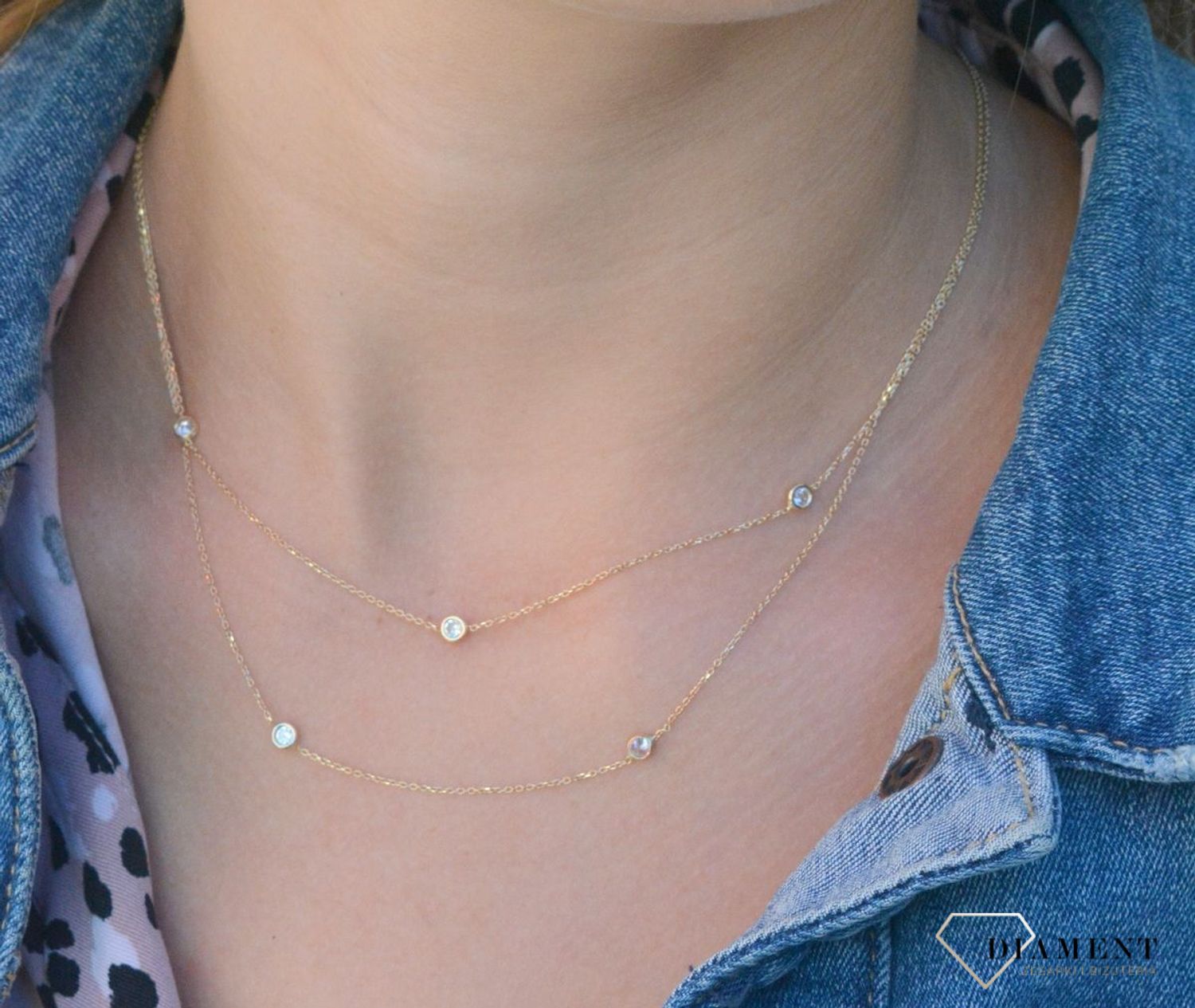 Złoty naszyjnik 585 'podwójny łańcuszek i białe cyrkonie' DIA-NSZ-7602-585xxx.jpg