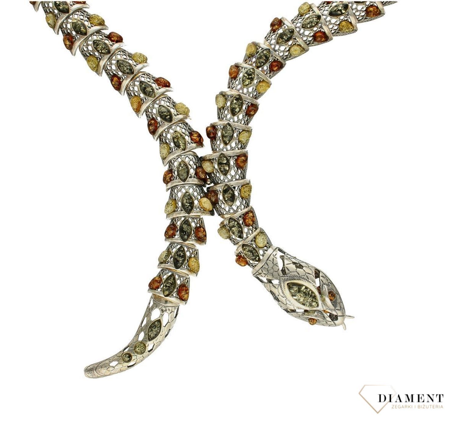 Srebrny naszyjnik damski o efektownym motywie żmii z bursztynem DIA-NSZ-7951-925. Naszyjnik z bursztynem w różnych barwach. Bursztyn to propozycja od sklepu jubilerskiego Diament. Naszyjnik bardzo efektowny z bursztynu będzie cieka (3).jpg