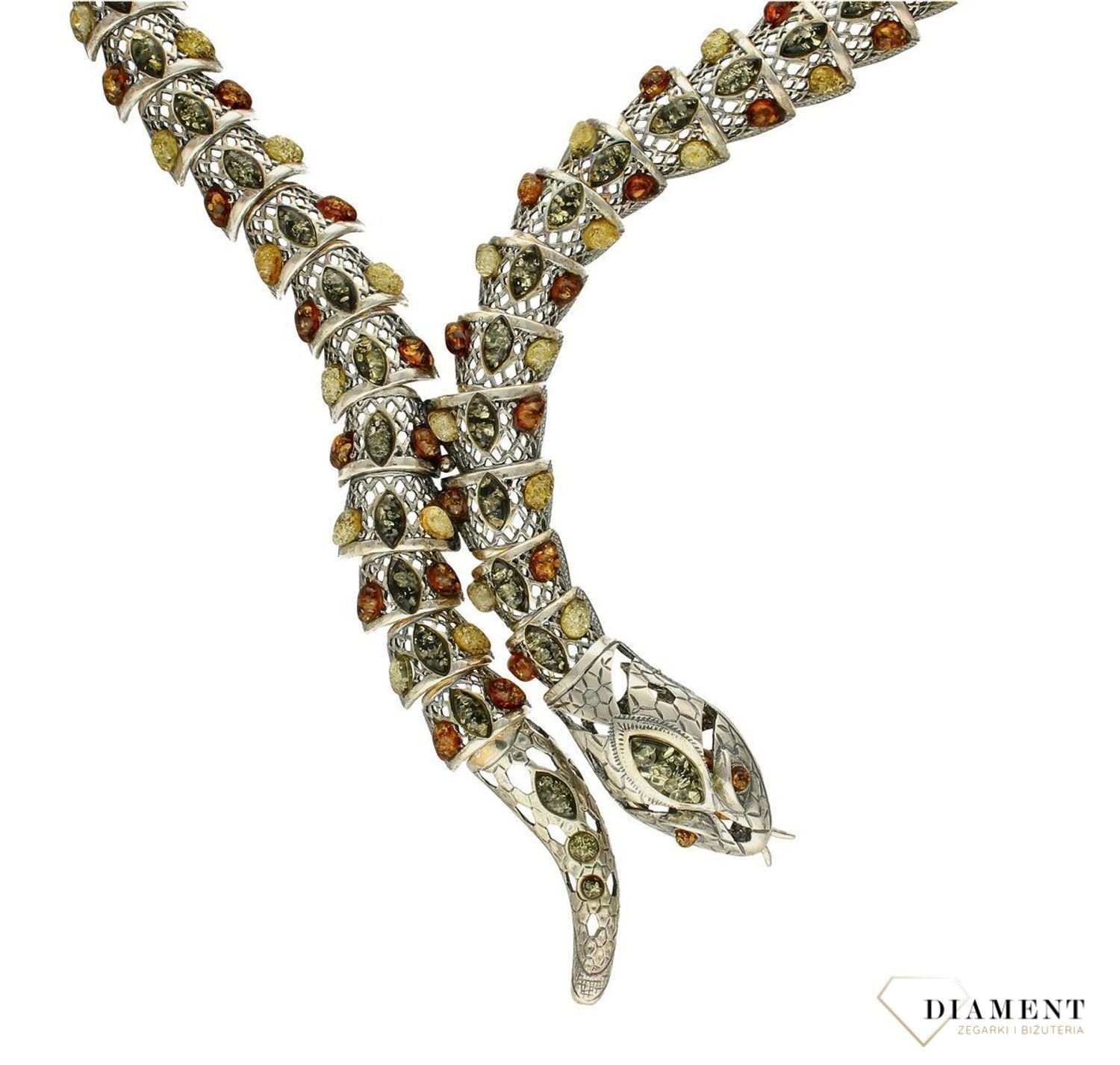 Srebrny naszyjnik damski o efektownym motywie żmii z bursztynem DIA-NSZ-7951-925. Naszyjnik z bursztynem w różnych barwach. Bursztyn to propozycja od sklepu jubilerskiego Diament. Naszyjnik bardzo efektowny z bursztynu będzie cieka (3).jpg