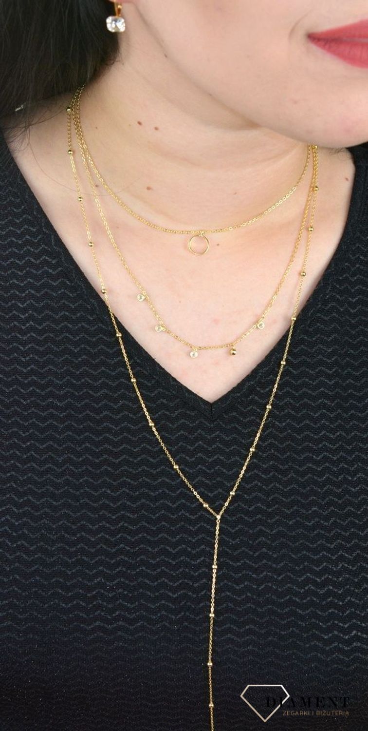 Srebrny naszyjnik celebrytka pozłacana potrójny z cyrkoniami DIA-NSZ-APARTI8-Z-925. Kaskadowy model naszyjnika został ozdobiony zawieszką w kształcie koła oraz cyrkoniami (1).JPG